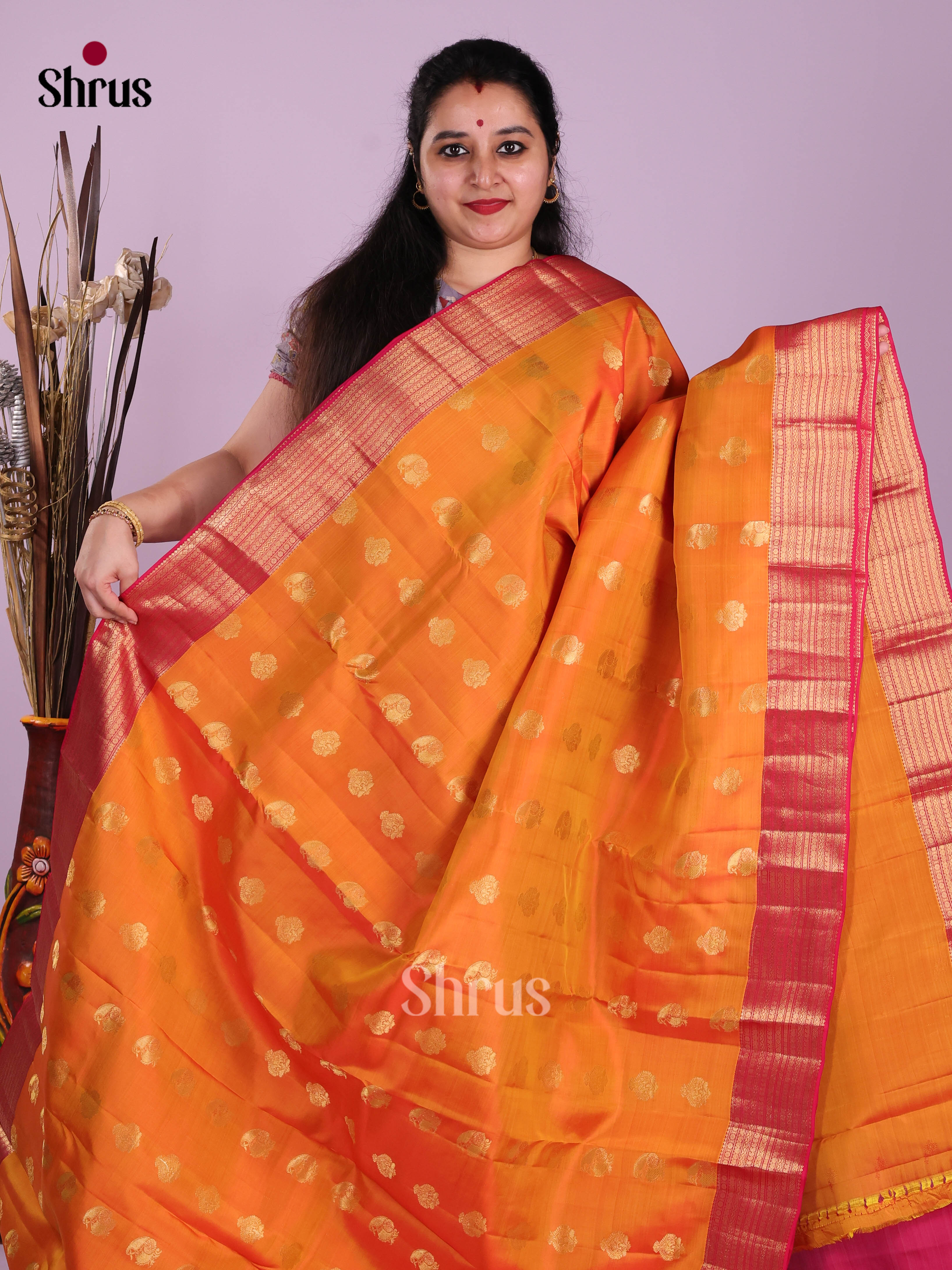 Orange & Pink - Kanchipuram-halfpure Saree