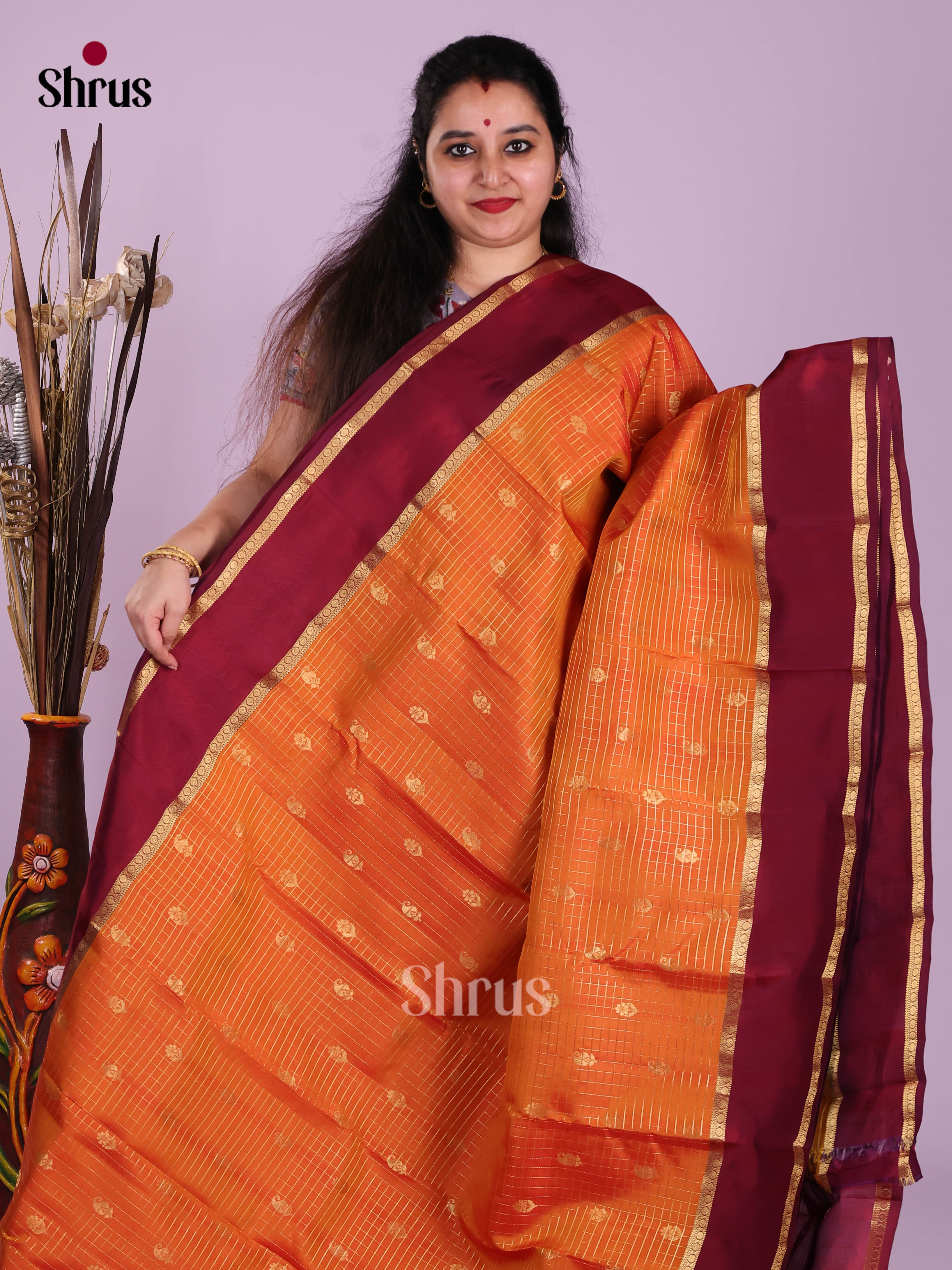 Orange & Maroon - Kanchipuram-halfpure Saree