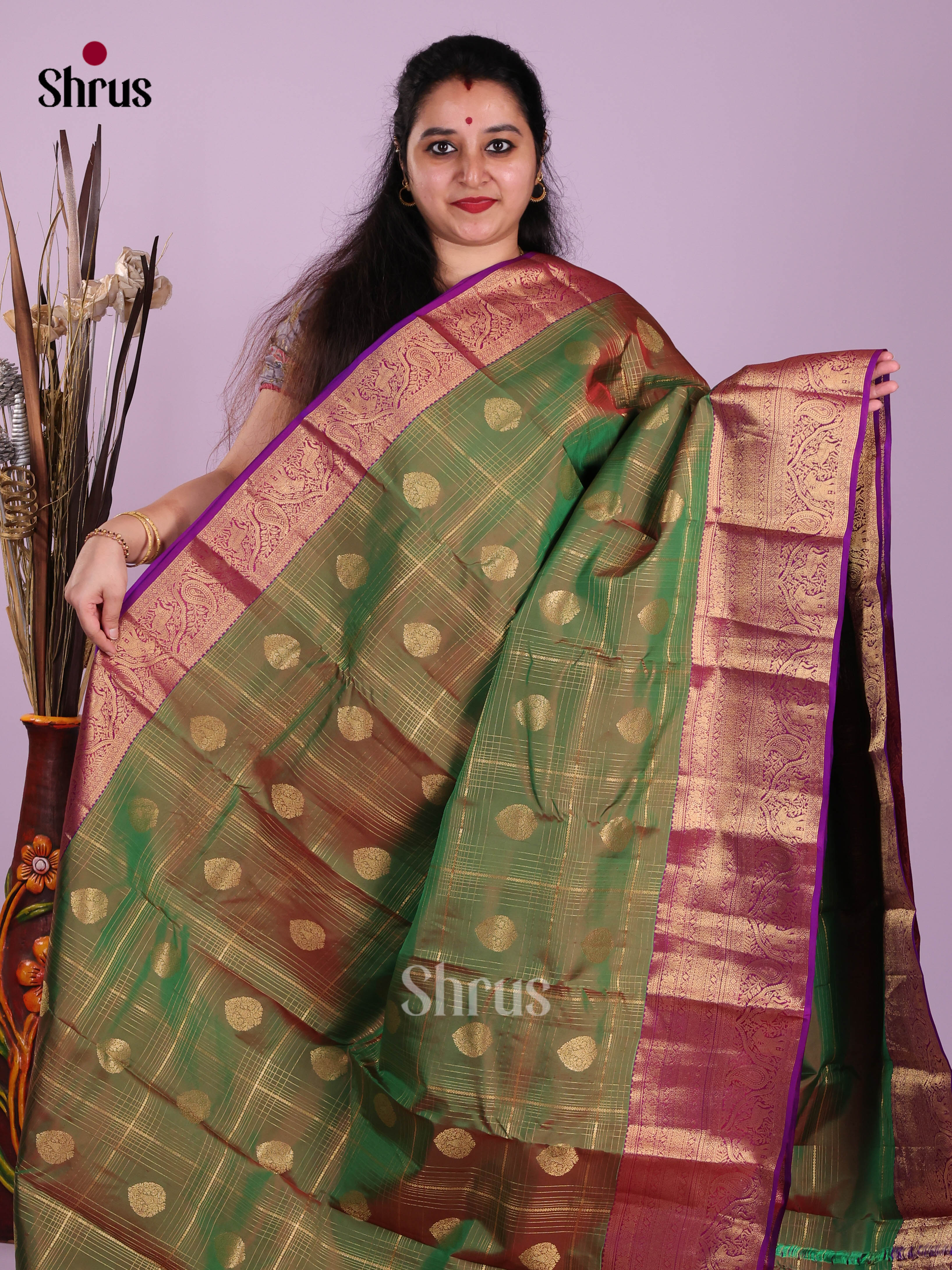 Double Shaded Green & Purple - Kanchipuram-halfpure Saree