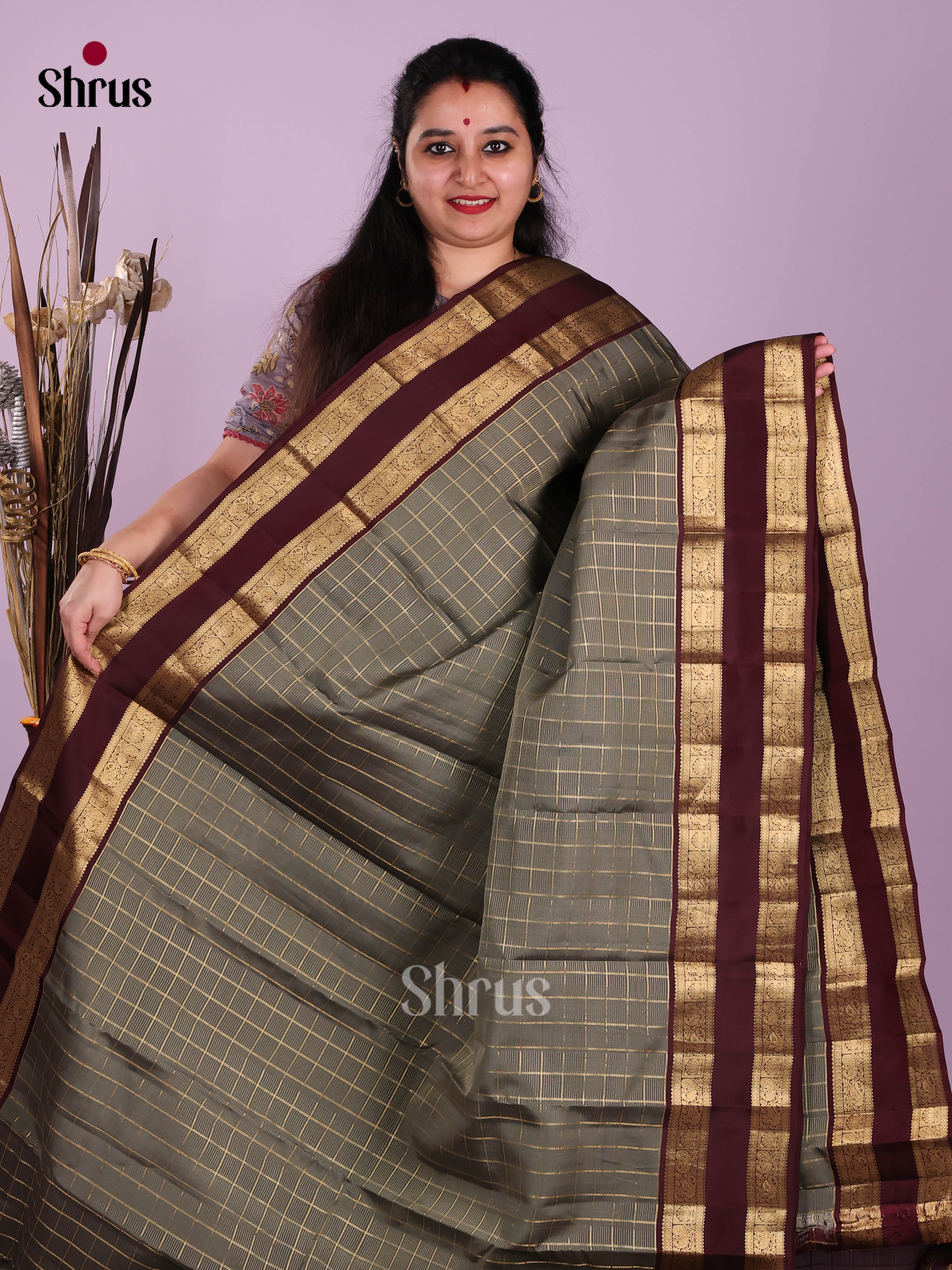 Grey & Maroon - Kanchipuram-halfpure Saree
