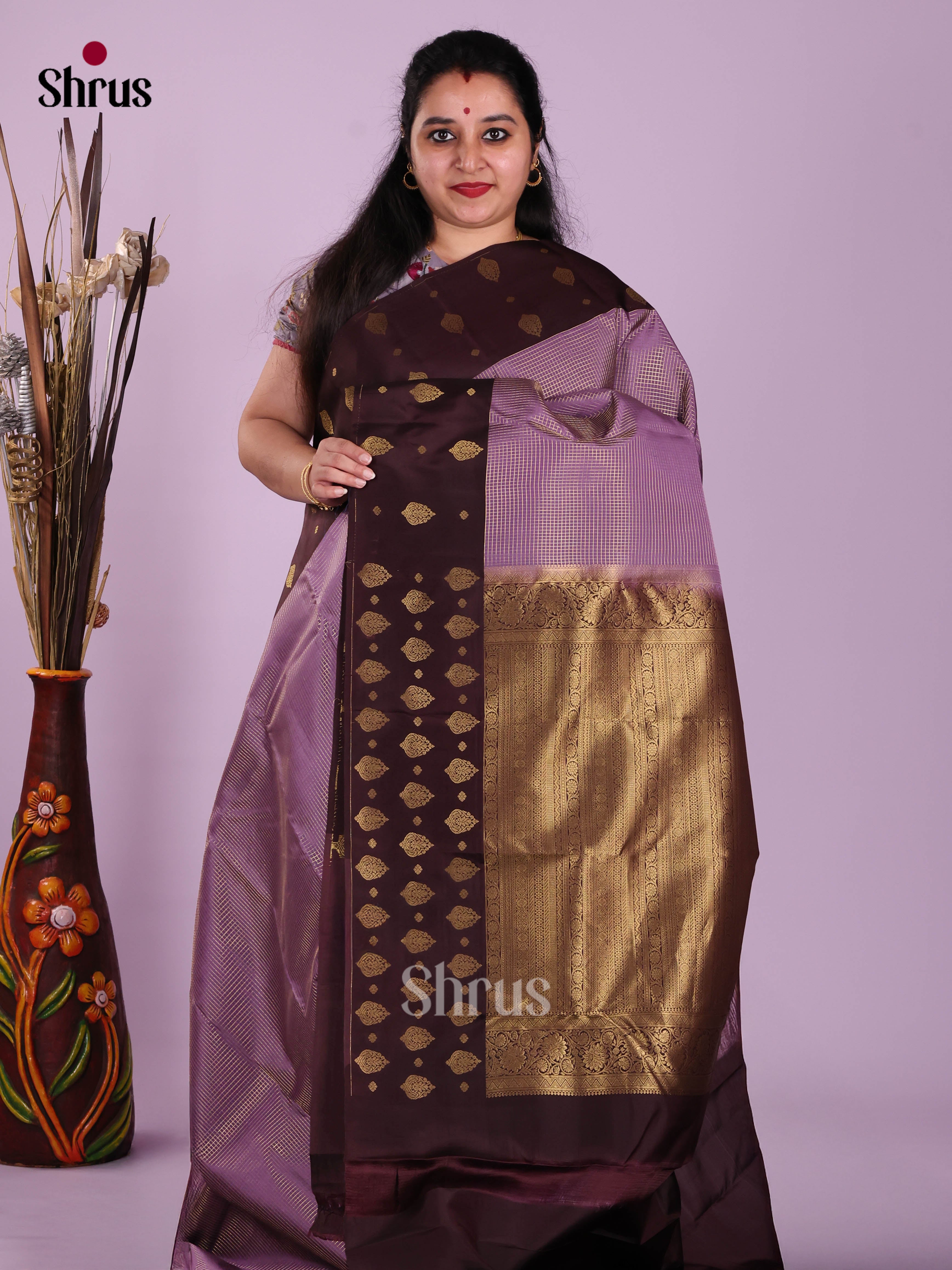 Lavender &  Dark Maroon - Kanchipuram-halfpure Saree