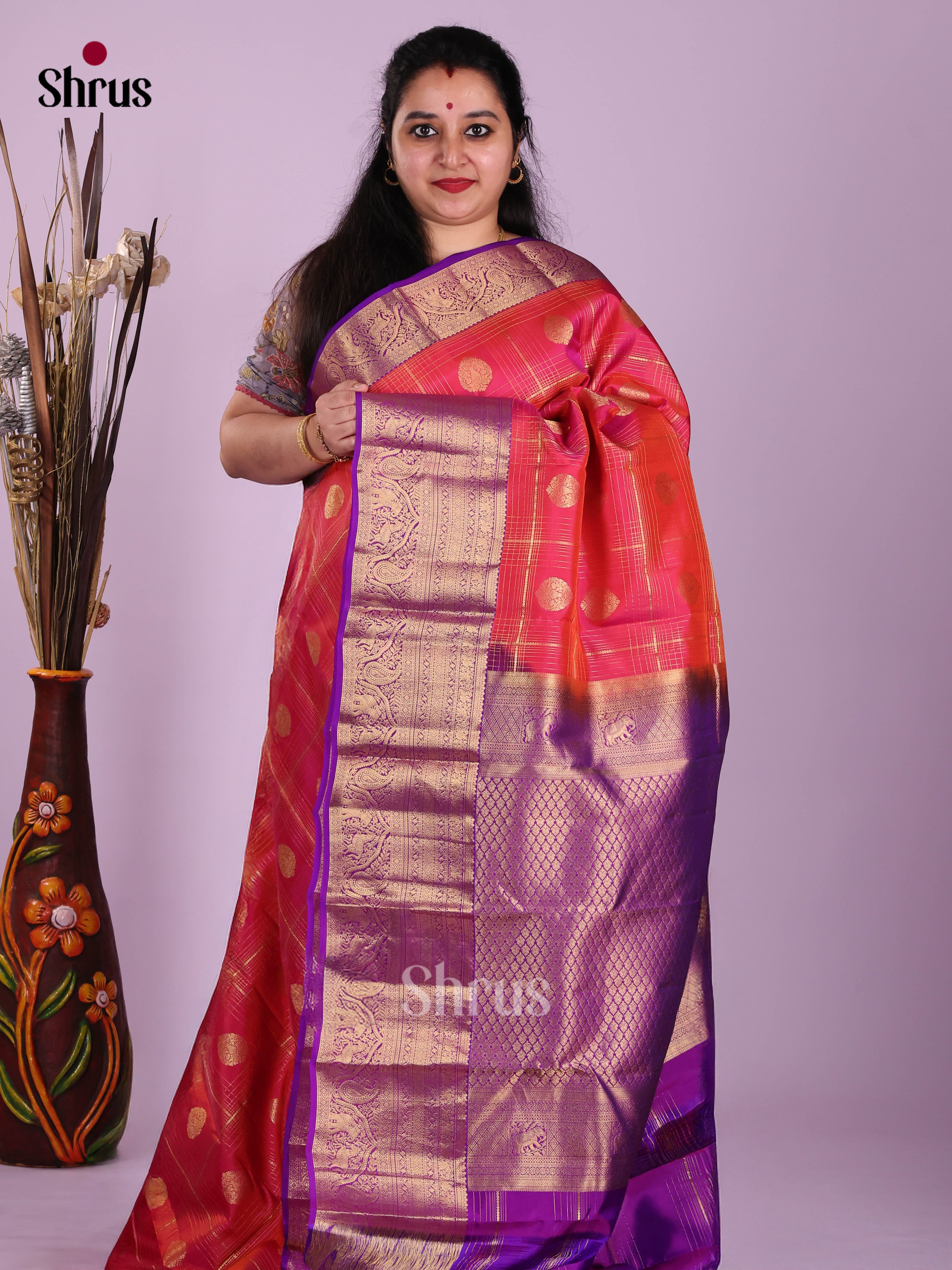 Orangish Pink & Purple- Kanchipuram-halfpure Saree