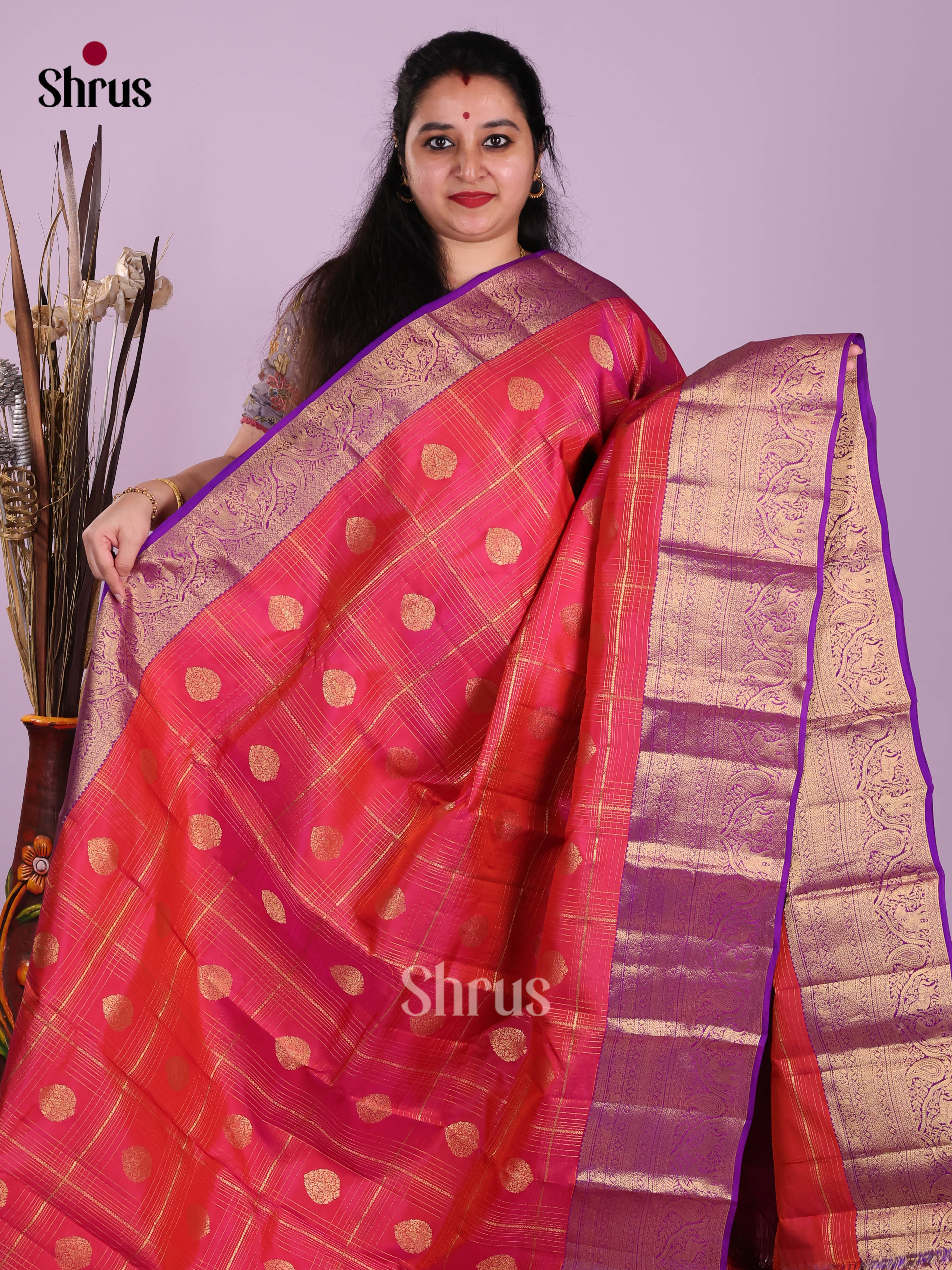 Orangish Pink & Purple- Kanchipuram-halfpure Saree