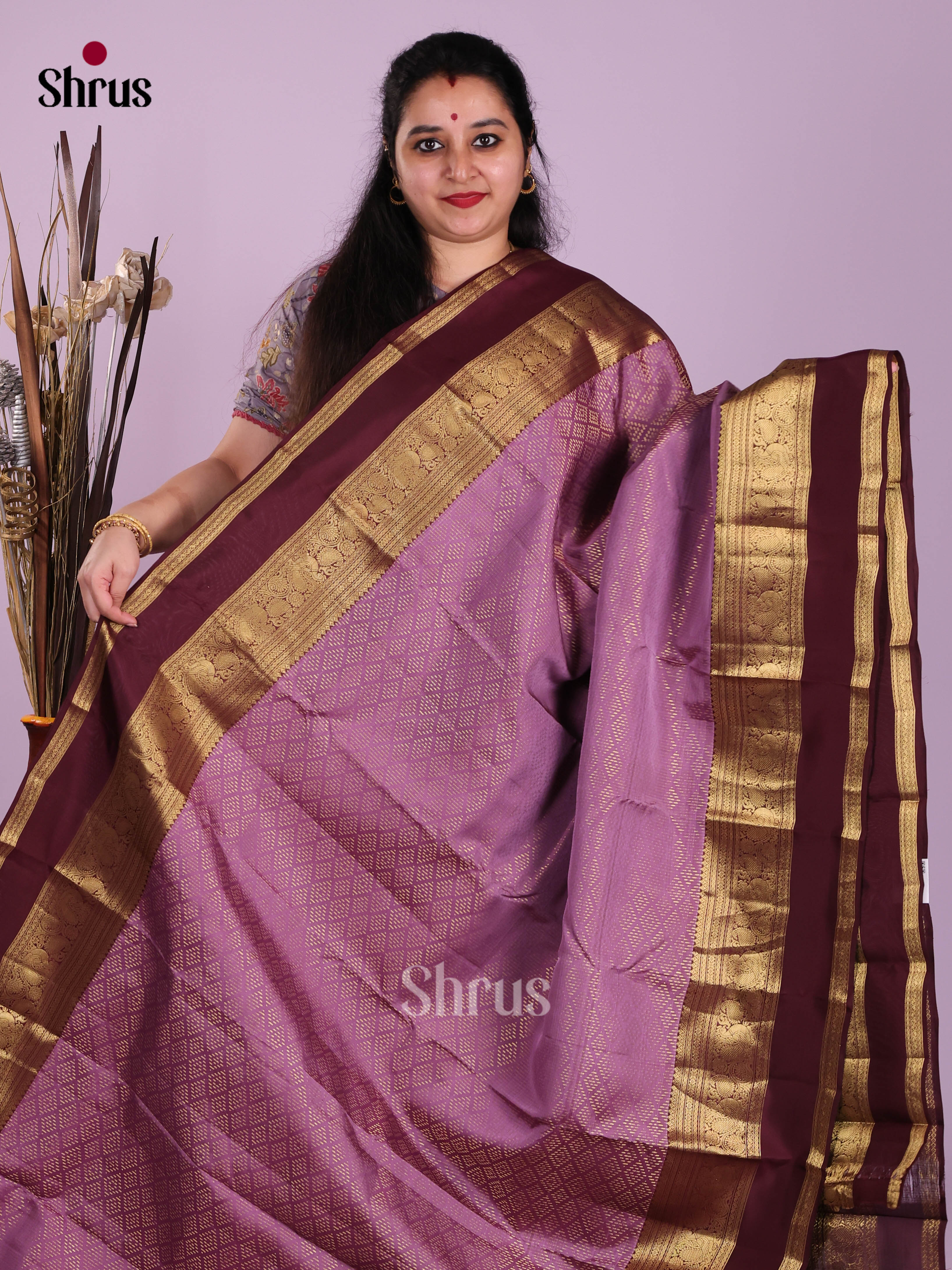 Lavender & Maroon- Kanchipuram-halfpure Saree