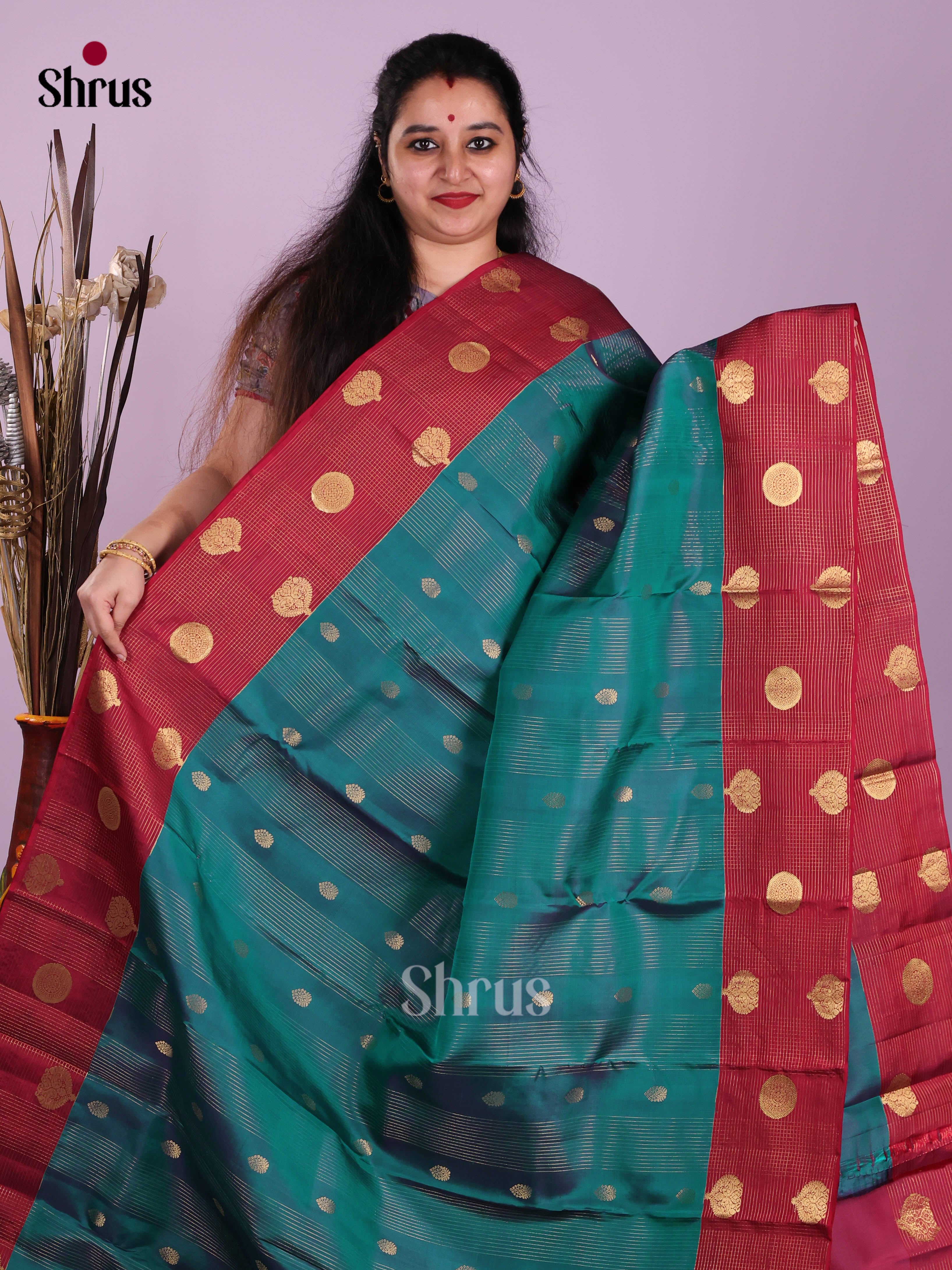 Peacock Green & Maroon - Kanchipuram-halfpure Saree
