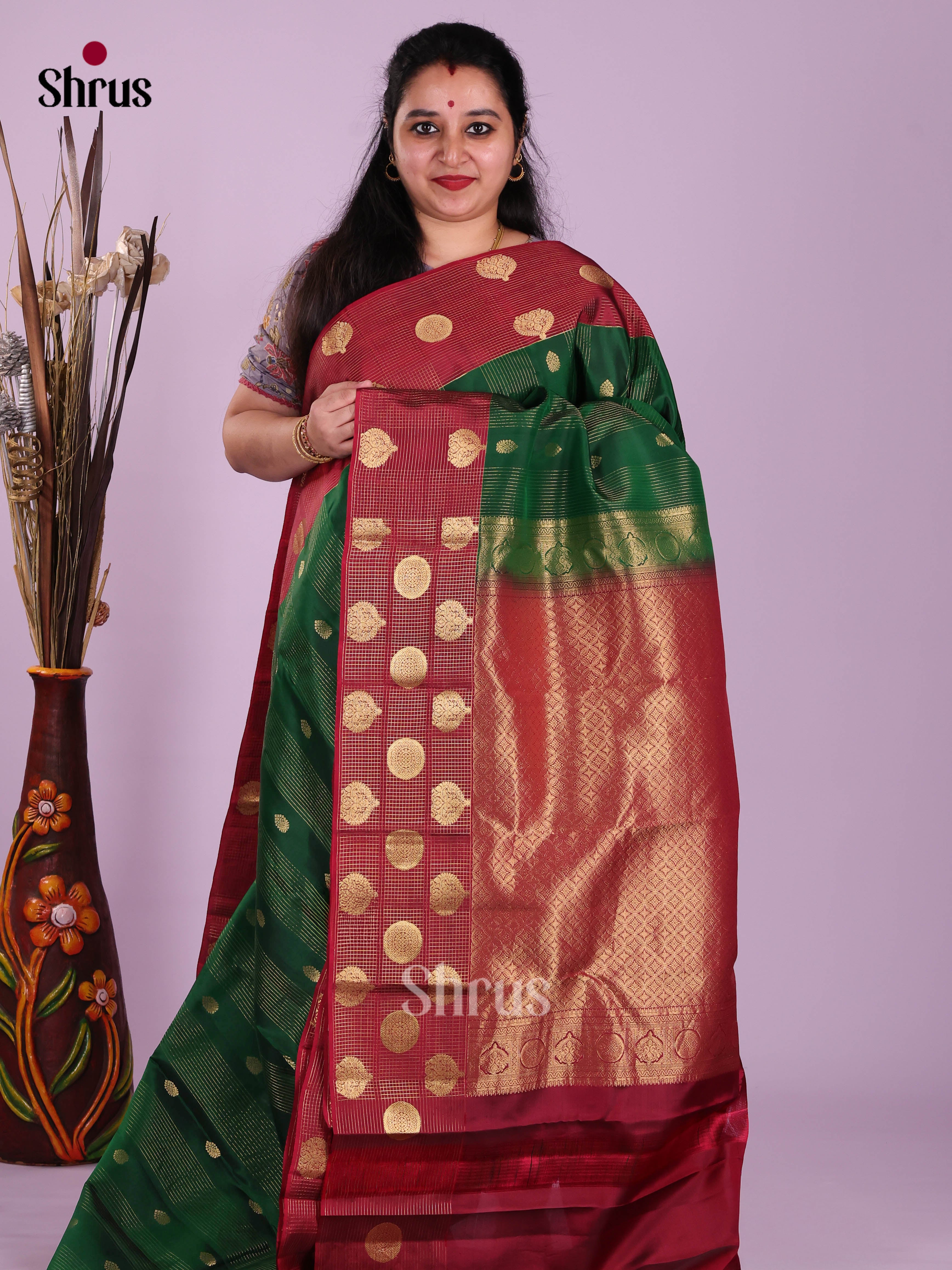 Green & Maroon - Kanchipuram-halfpure Saree