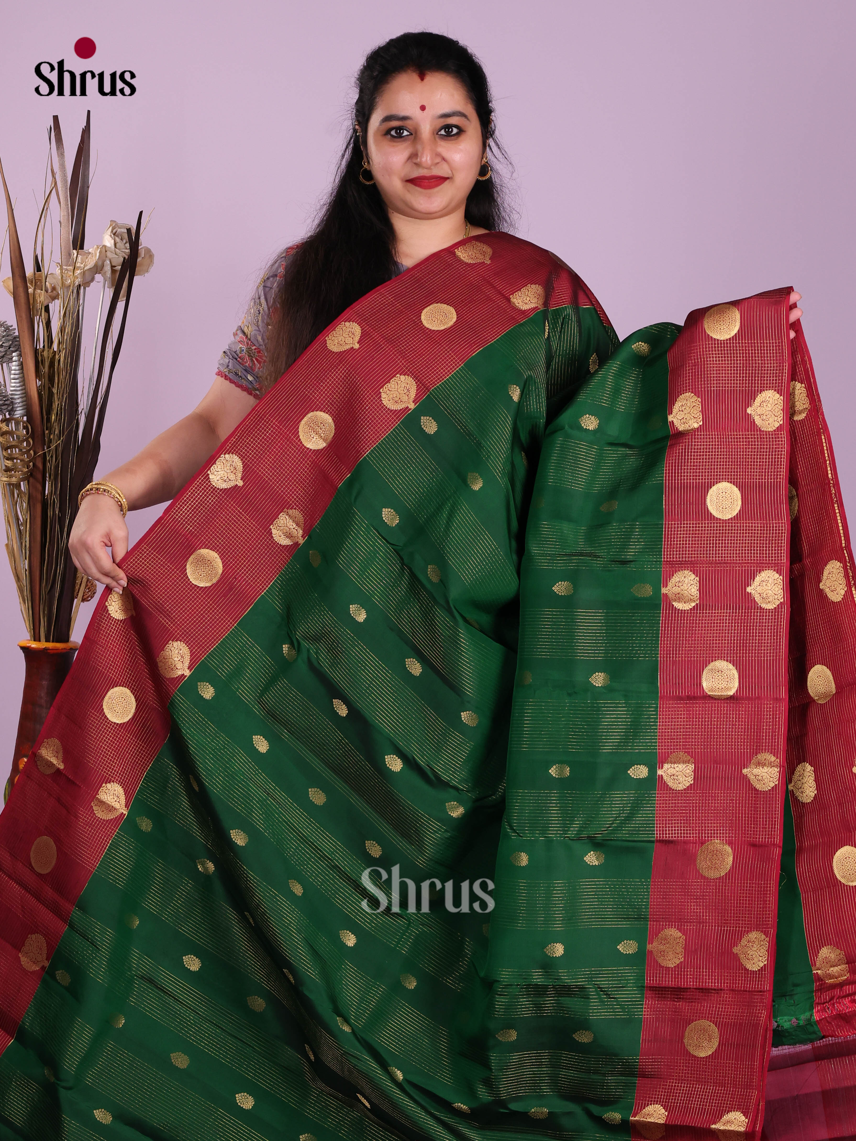 Green & Maroon - Kanchipuram-halfpure Saree