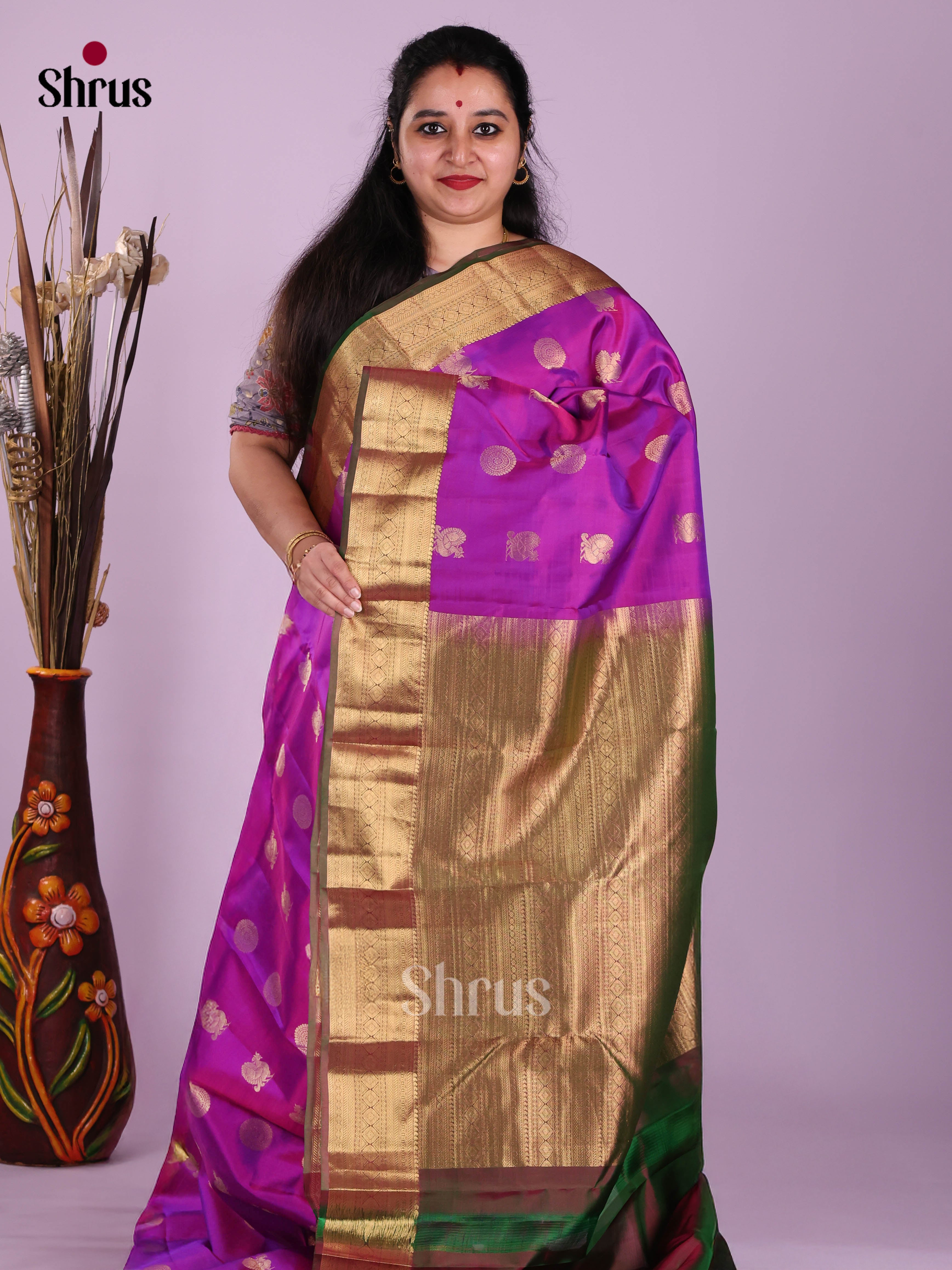 Purple & Green - Kanchipuram-halfpure Saree