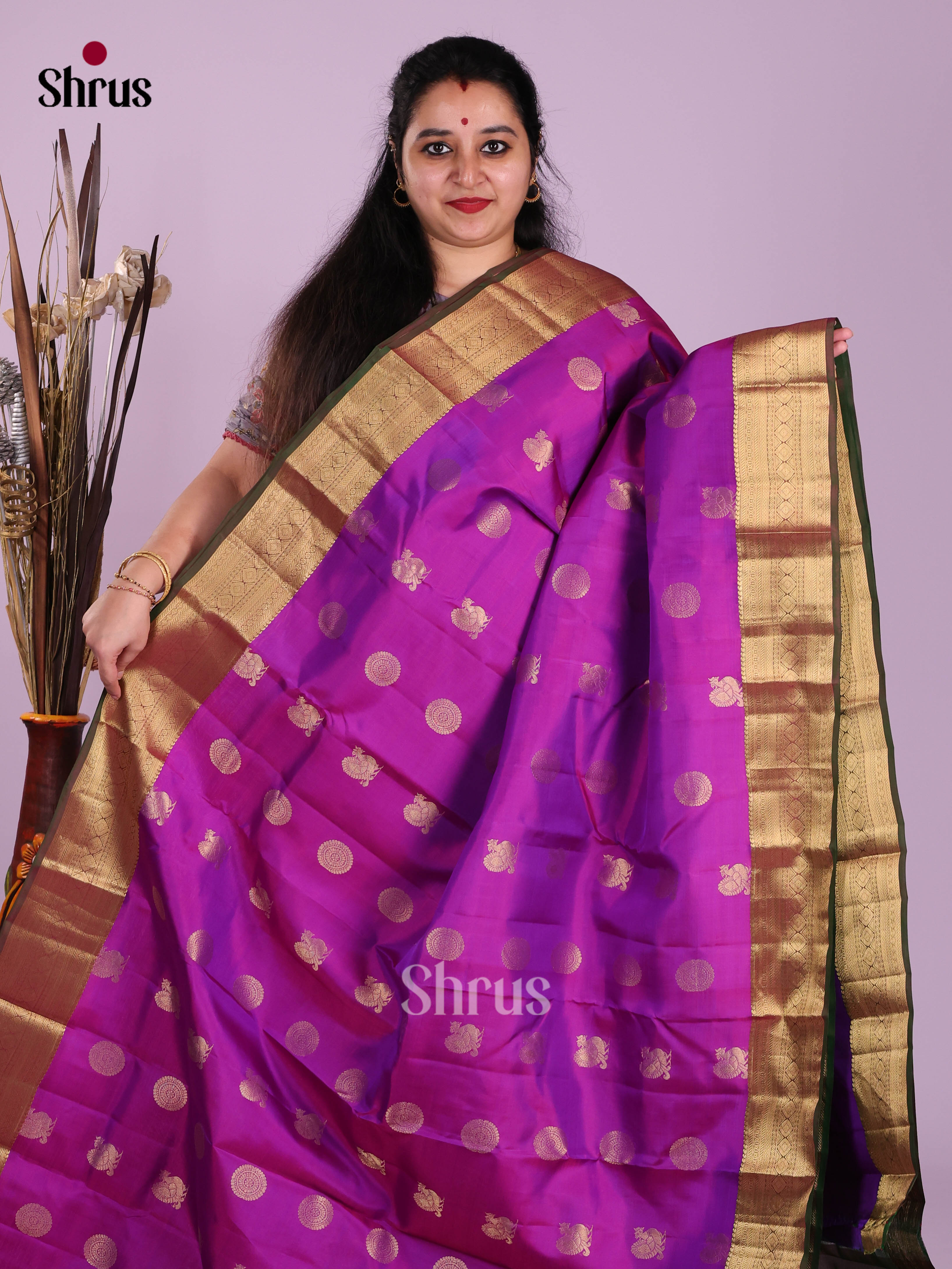 Purple & Green - Kanchipuram-halfpure Saree