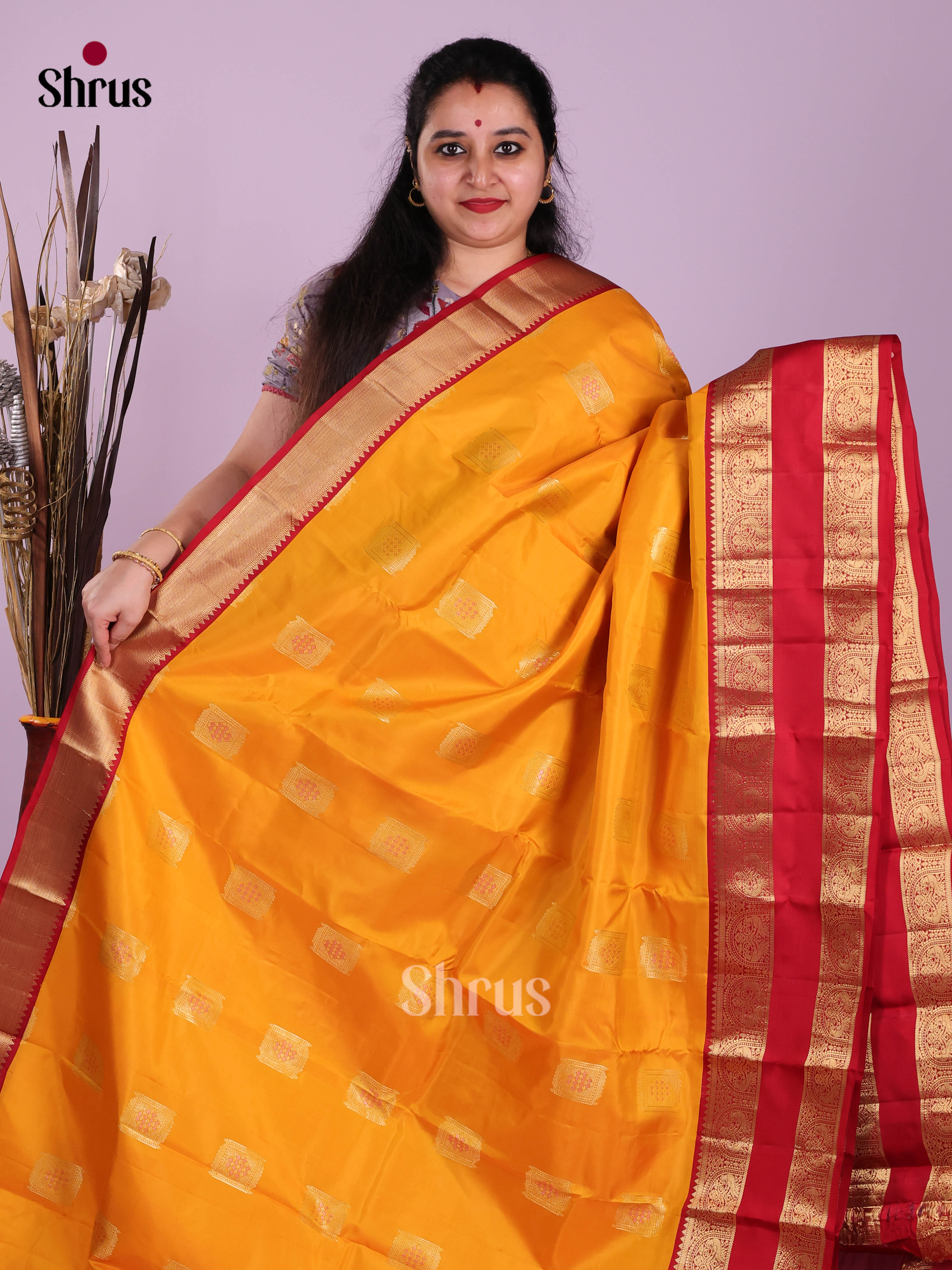 Yellow & Red - Kanchipuram-halfpure Saree