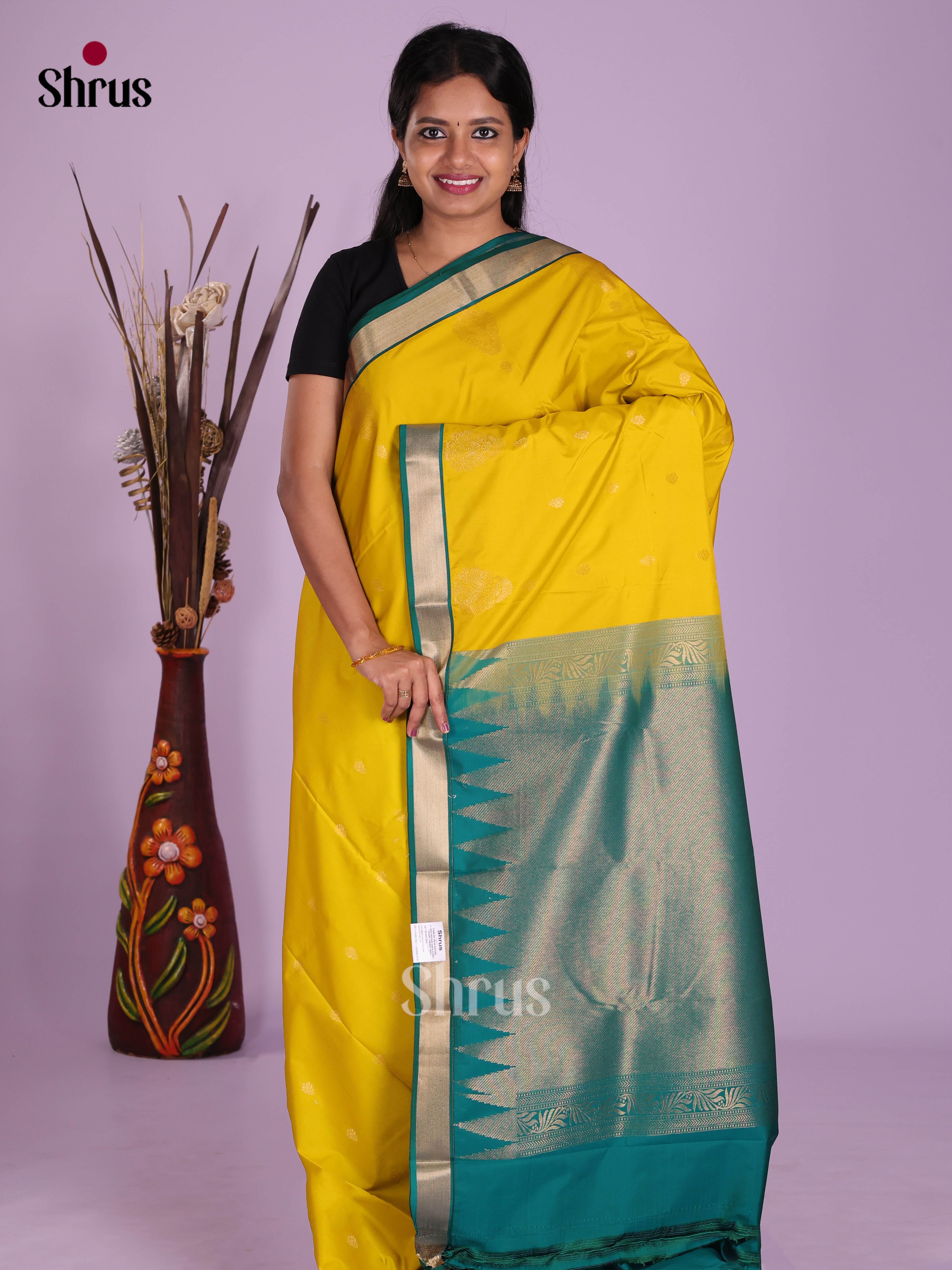 Yellow & Green- Semi Kanchipuram Saree - Shop on Shrus.com