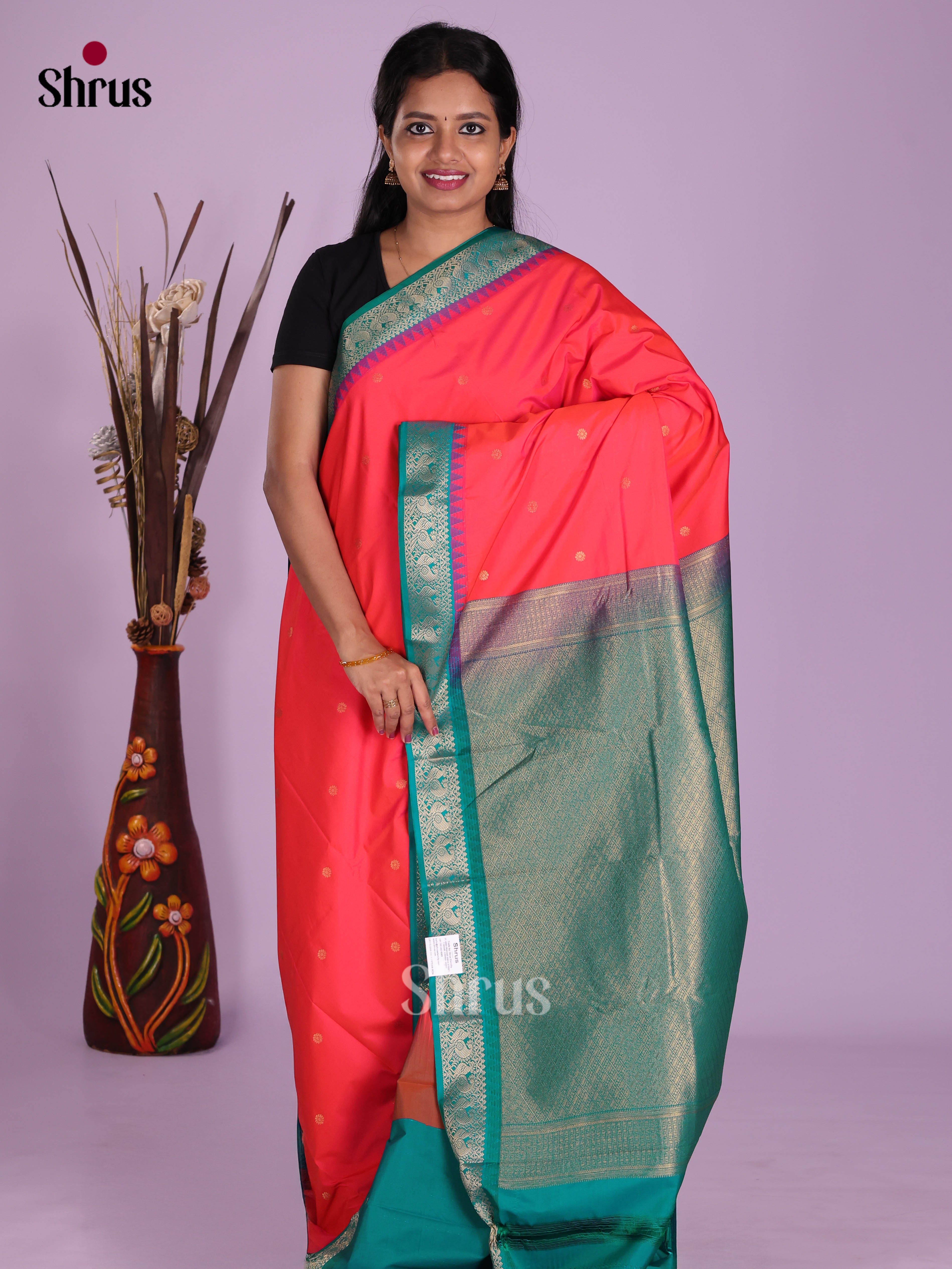 Orangish Pink & Green- Semi Kanchipuram Saree - Shop on Shrus.com