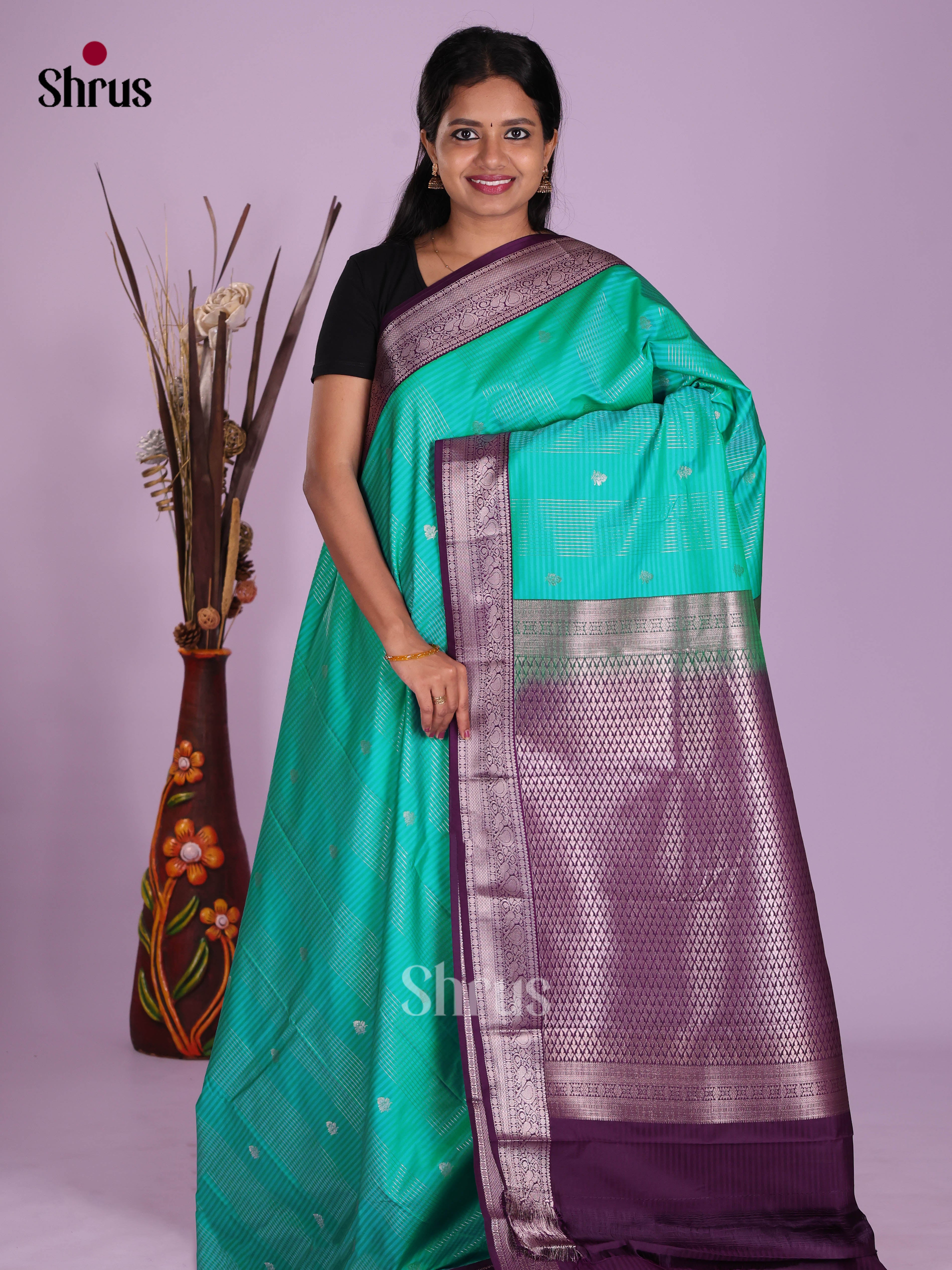 Green & Purple - Semi Kanchipuram Saree - Shop on Shrus.com