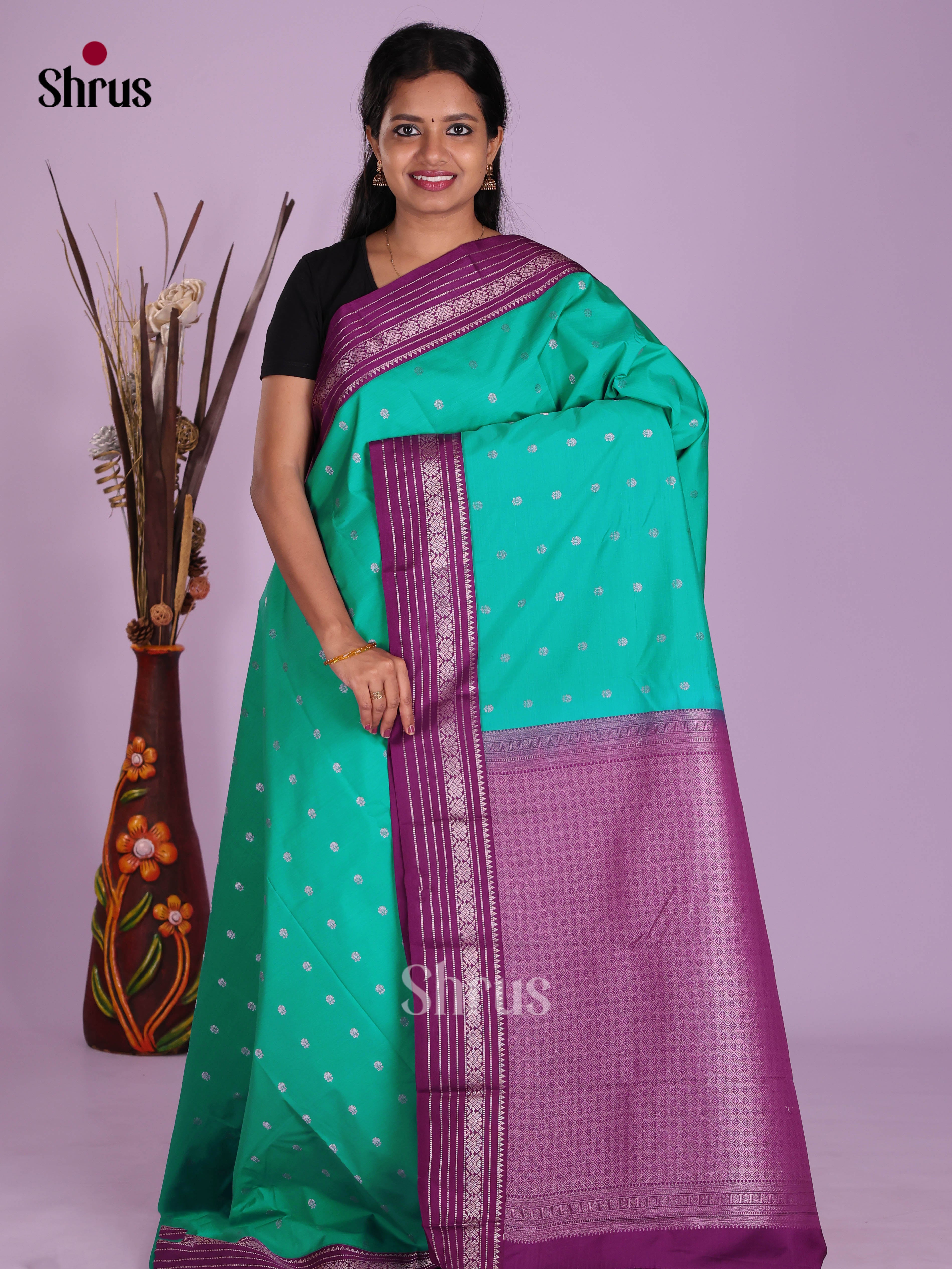 Green & Purple - Semi Kanchipuram Saree - Shop on Shrus.com