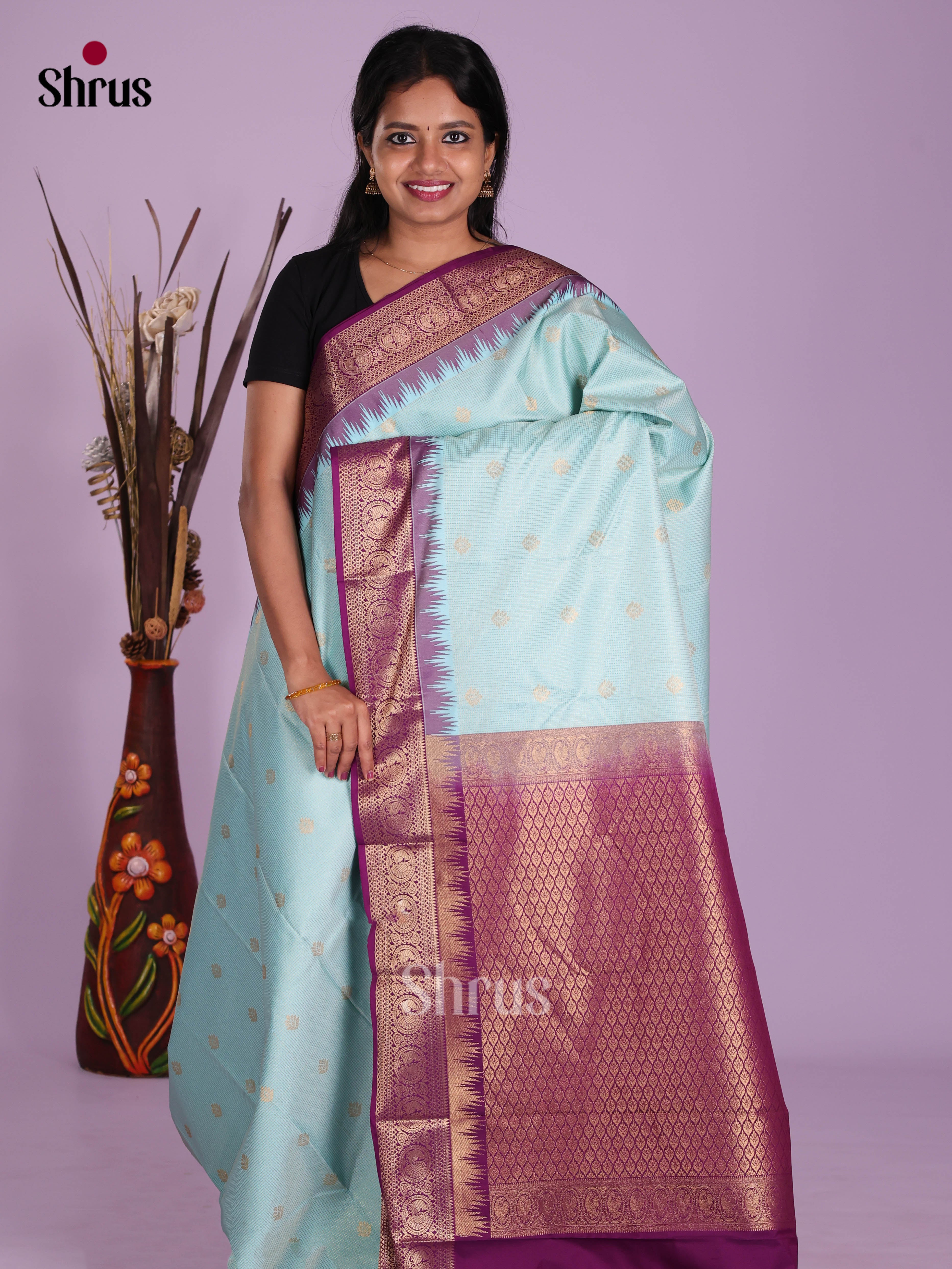 Pastel Blue & Purple- Semi Kanchipuram Saree