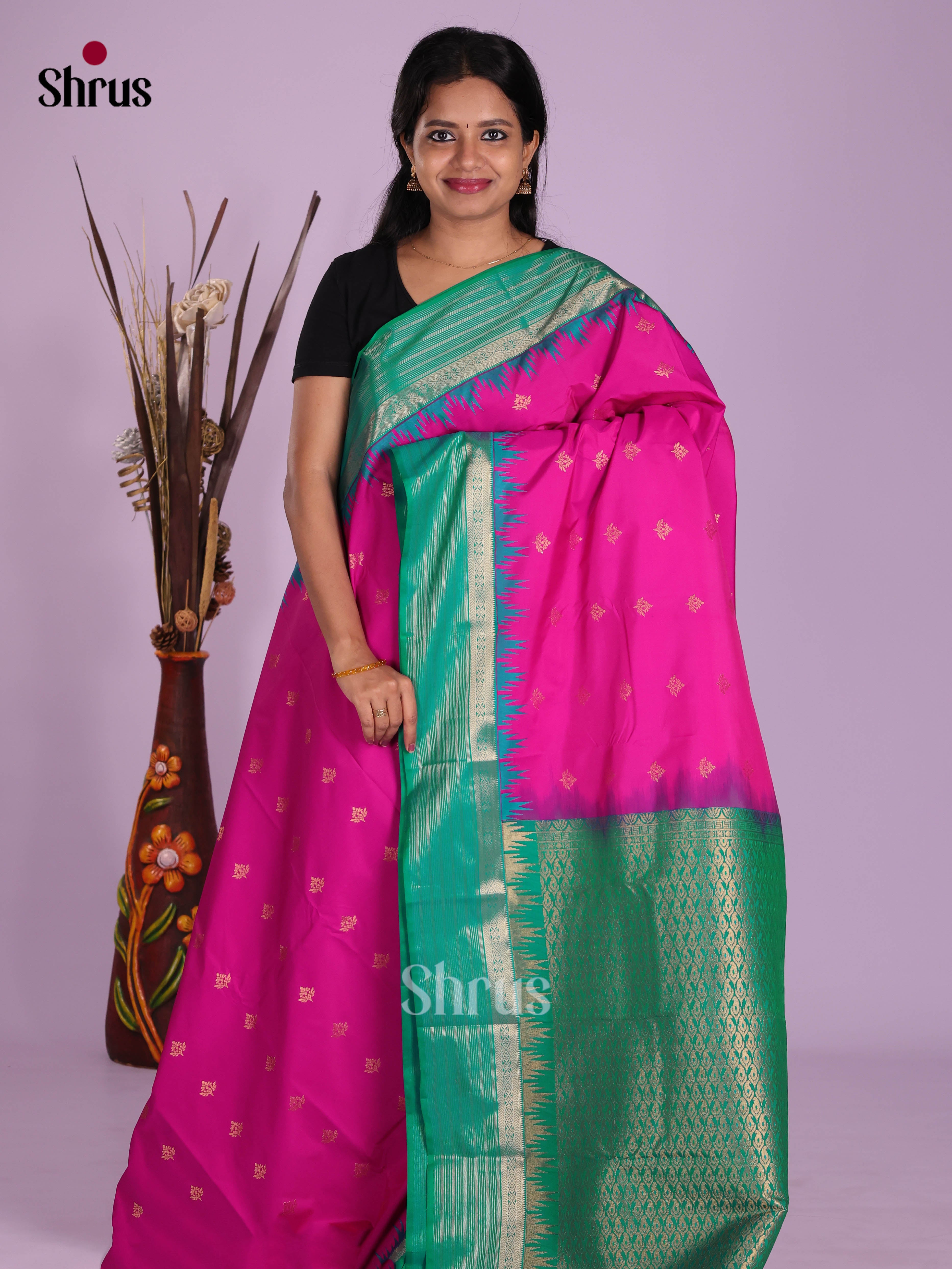 Pink & green - Semi Kanchipuram Saree
