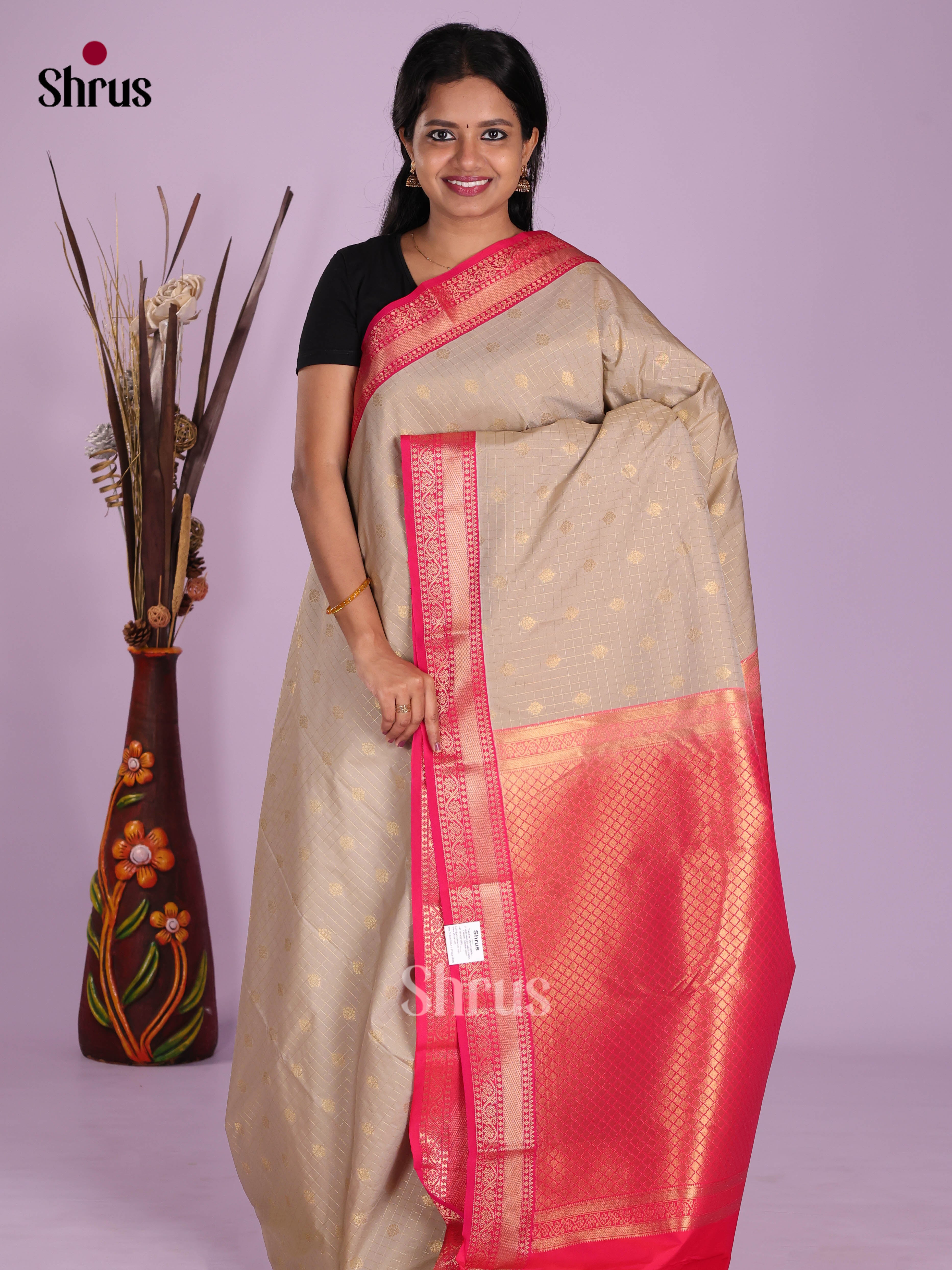 Grey &  Pink- Semi Kanchipuram Saree - Shop on Shrus.com