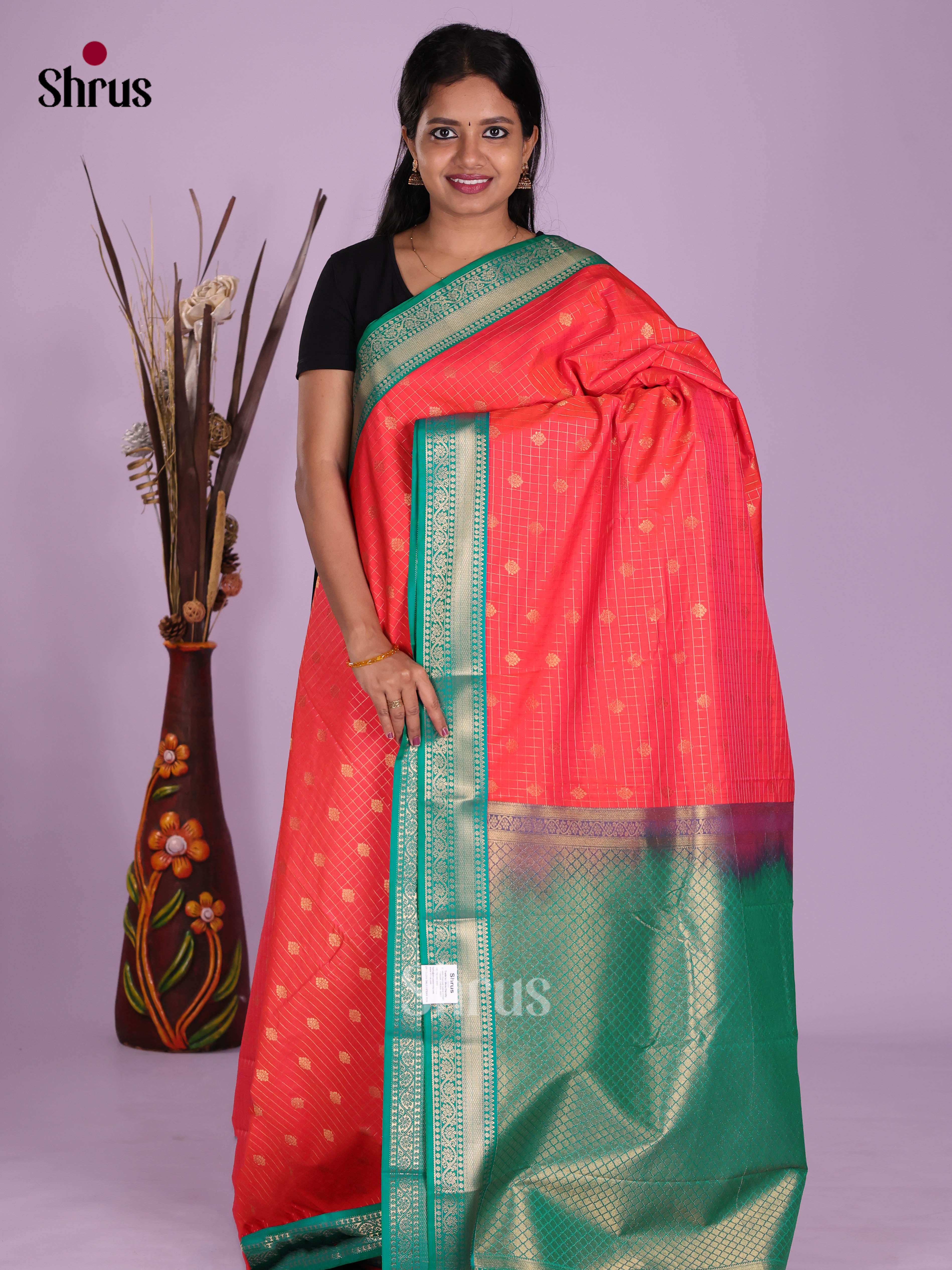Orangish Pink & Green - Semi Kanchipuram Saree - Shop on Shrus.com