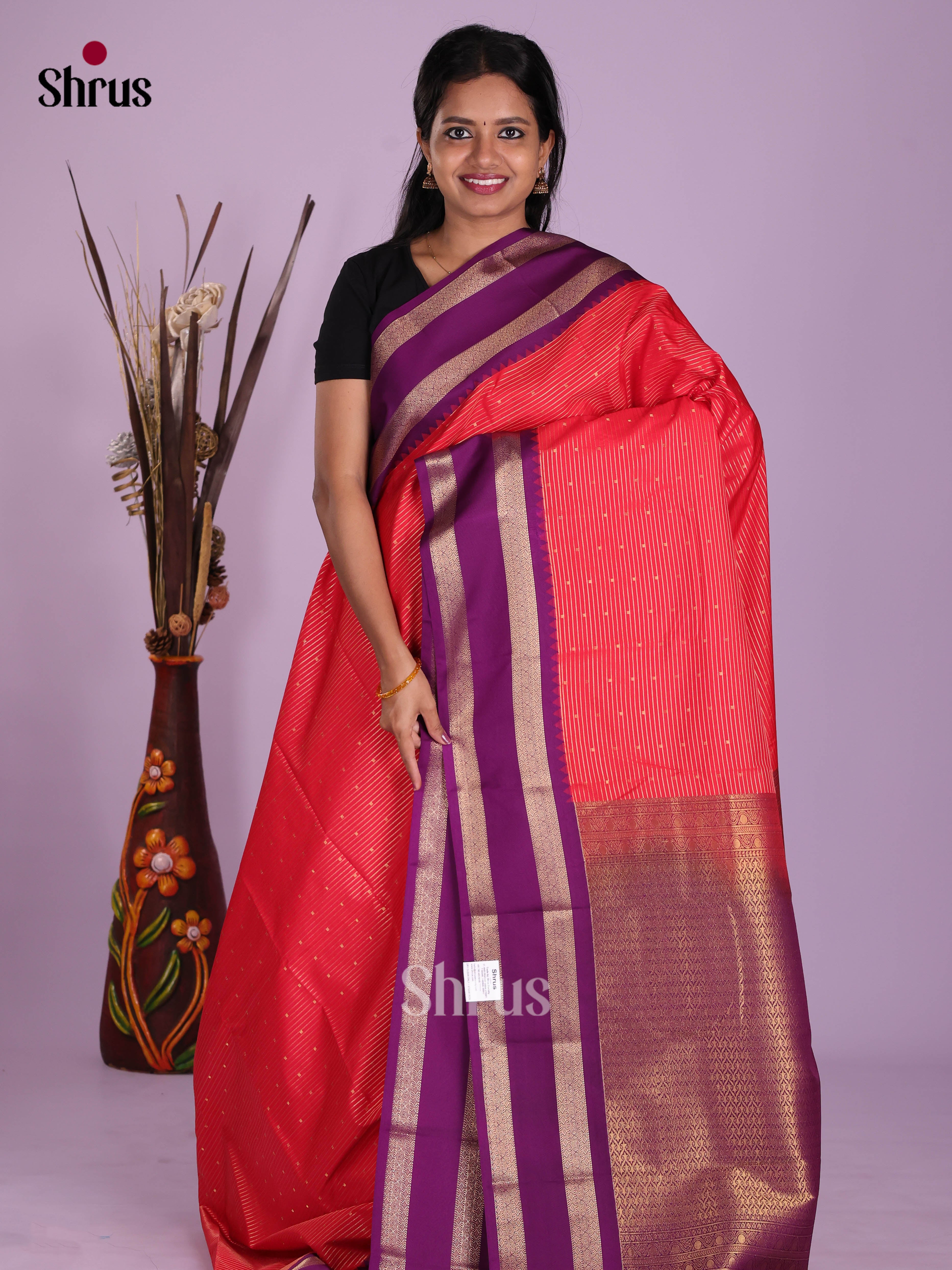 Red & Purple- Semi Kanchipuram Saree - Shop on Shrus.com