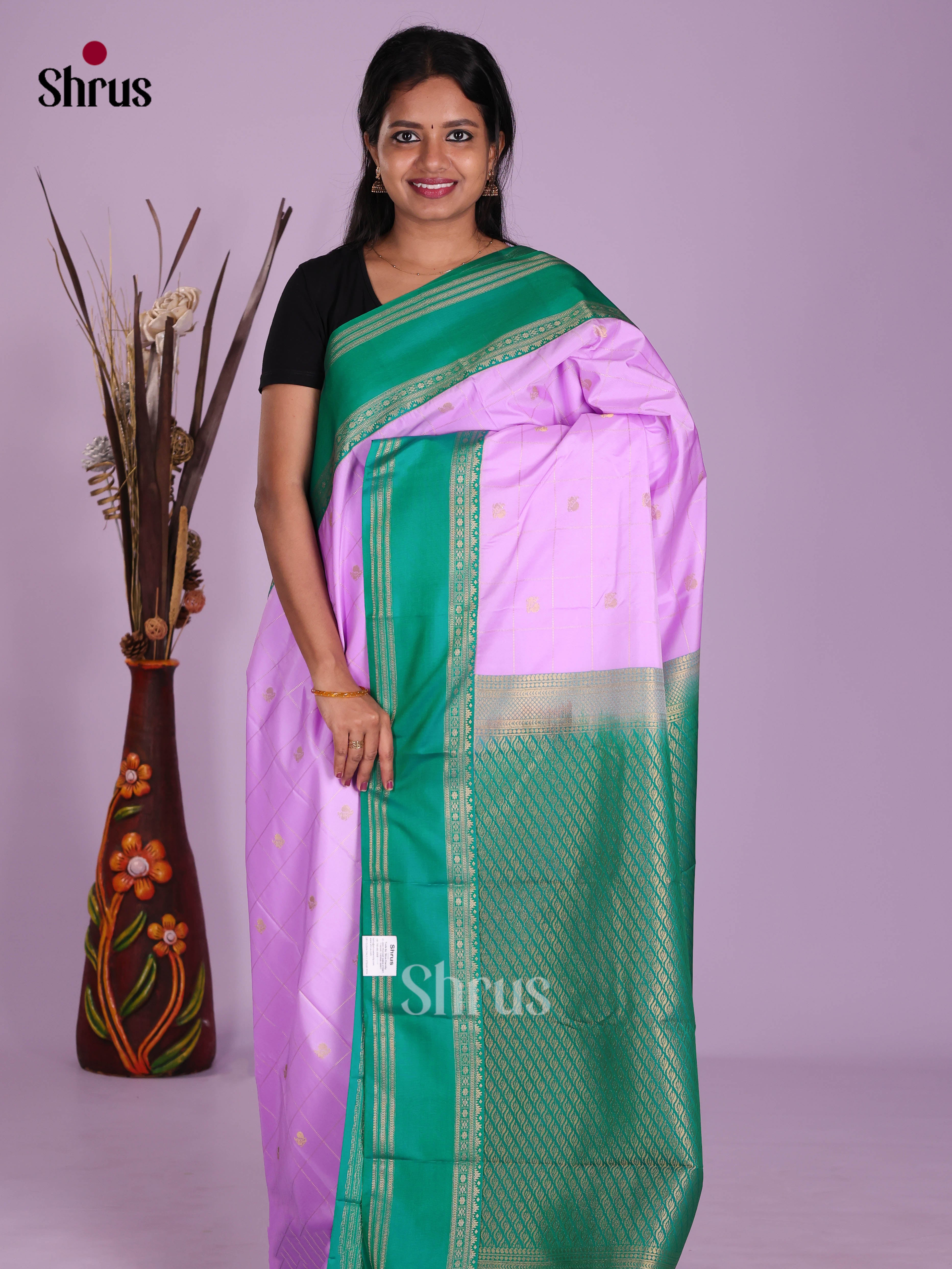 Purple  & Green - Semi Kanchipuram Saree - Shop on Shrus.com