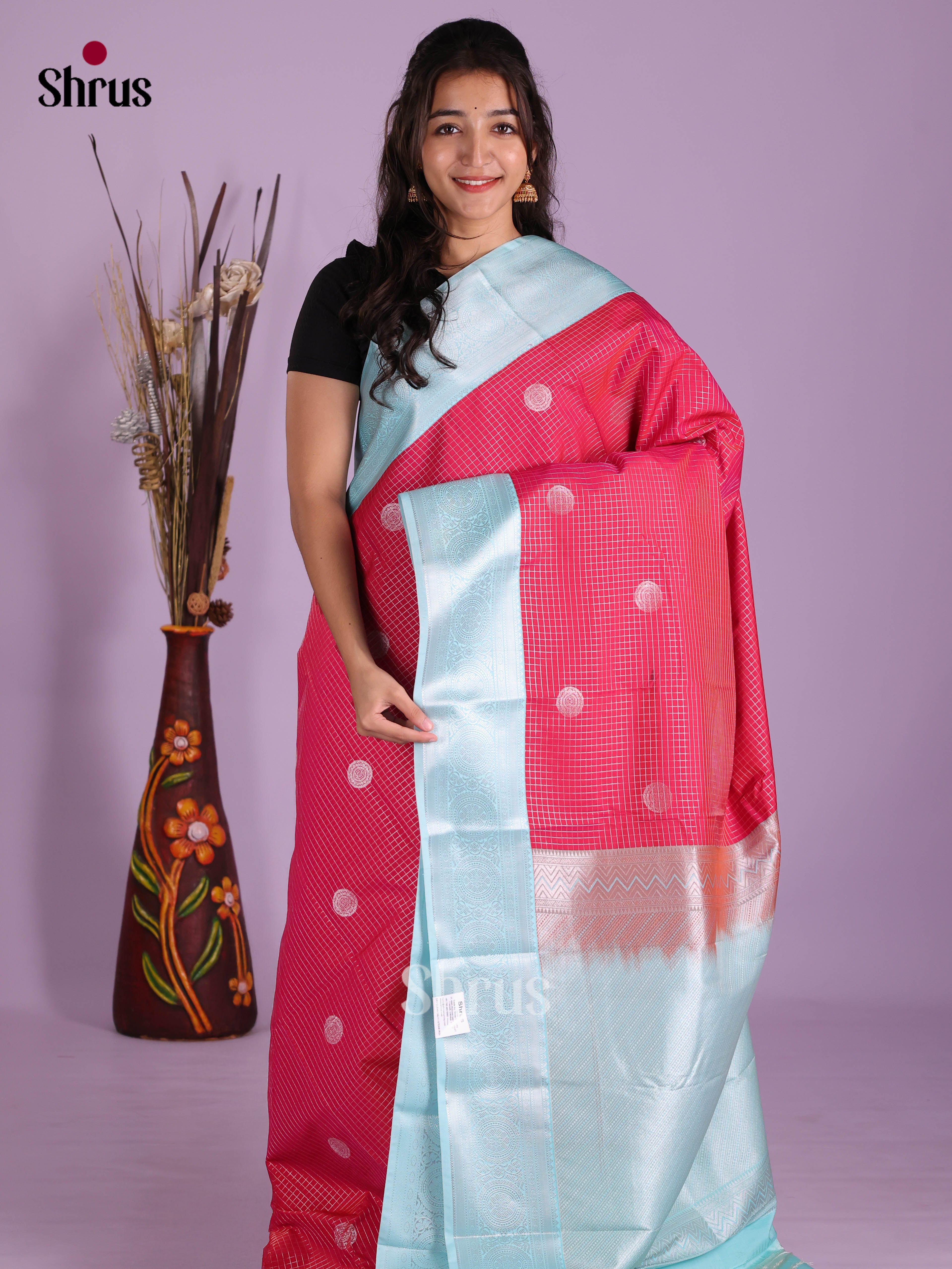 Pink & Light Blue - Semi Kanchipuram Saree - Shop on Shrus.com