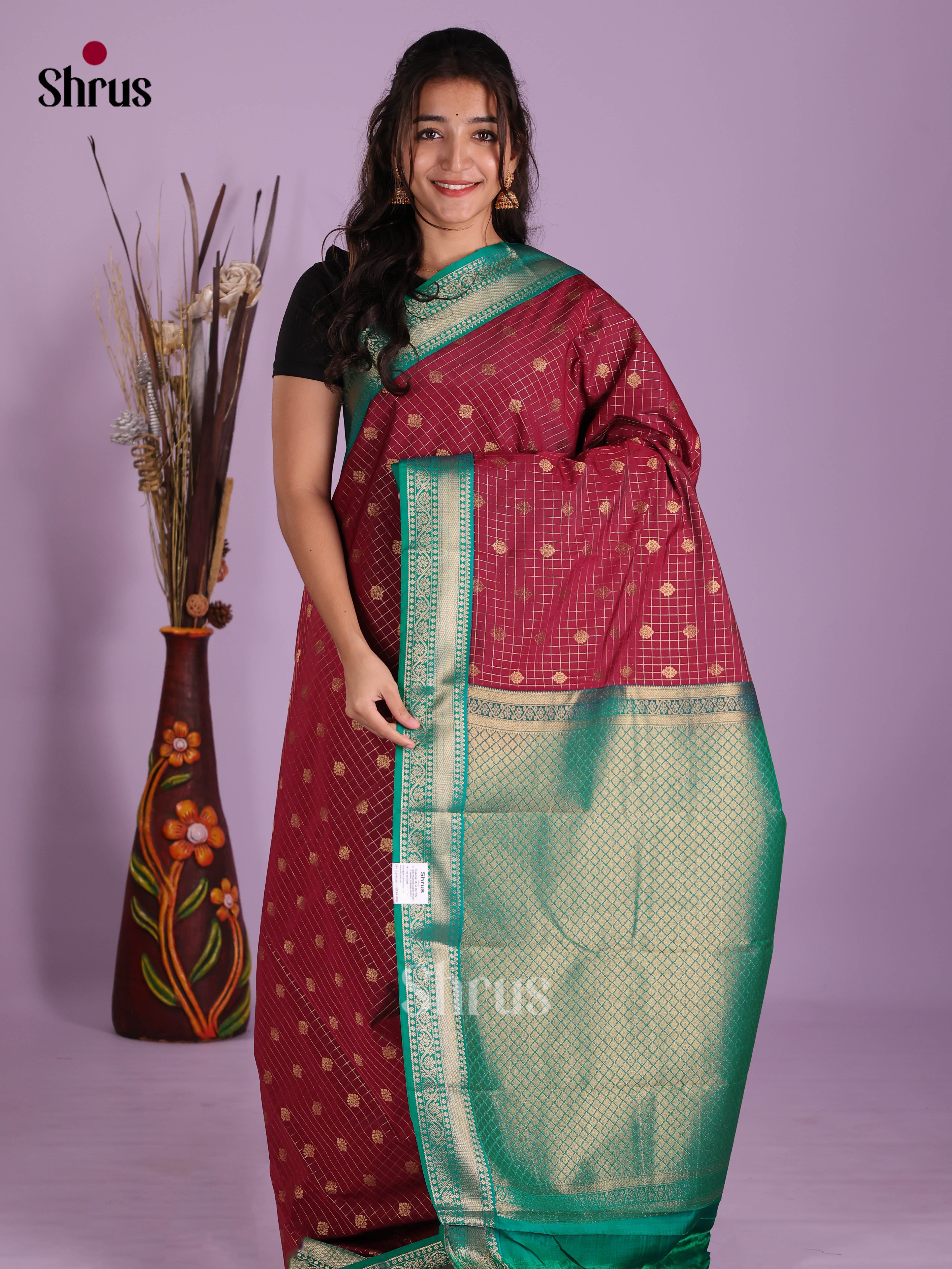 Maroon & Green  - Semi Kanchipuram Saree - Shop on Shrus.com