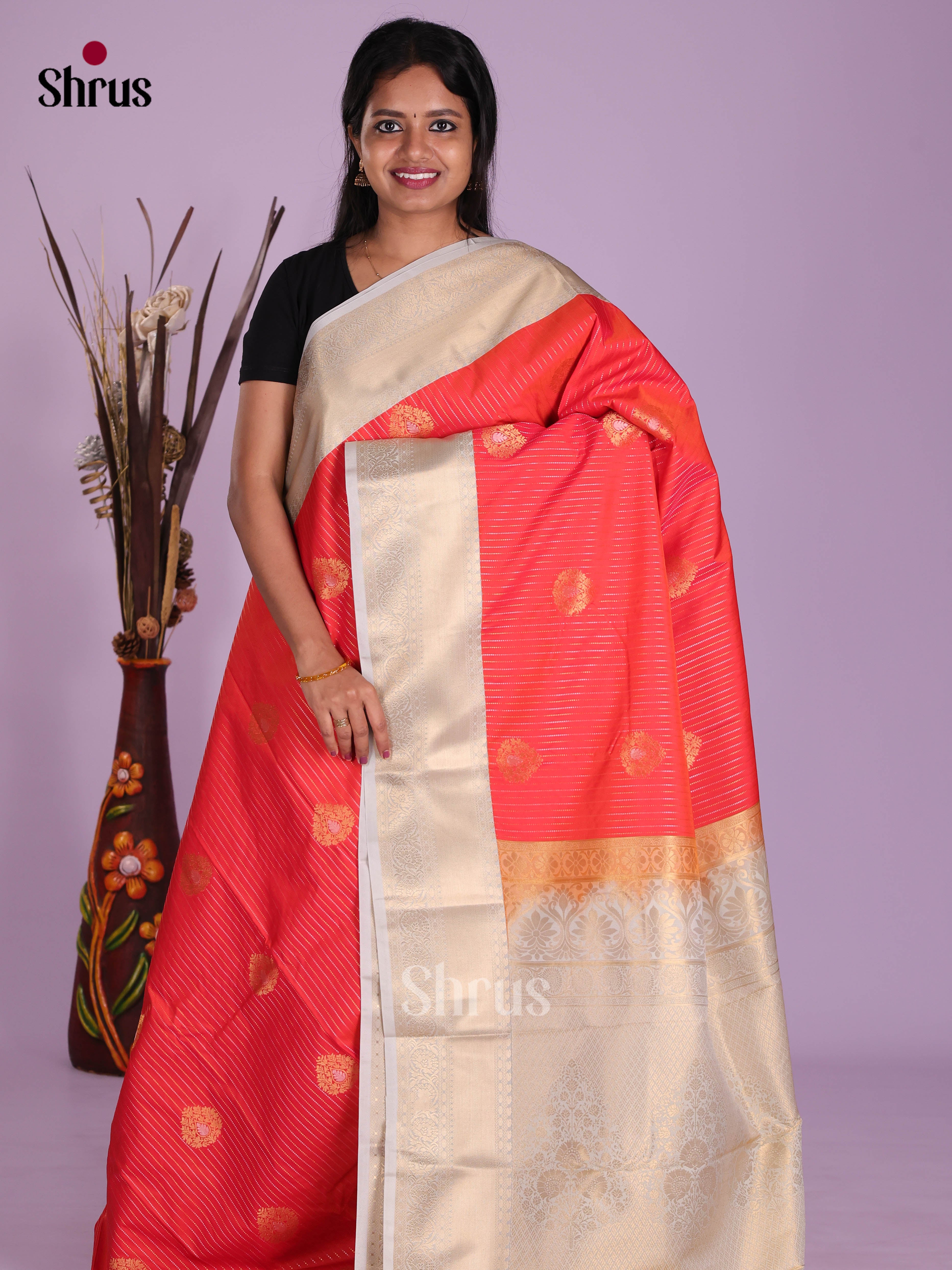 Orange & Grey - Semi Kanchipuram Saree