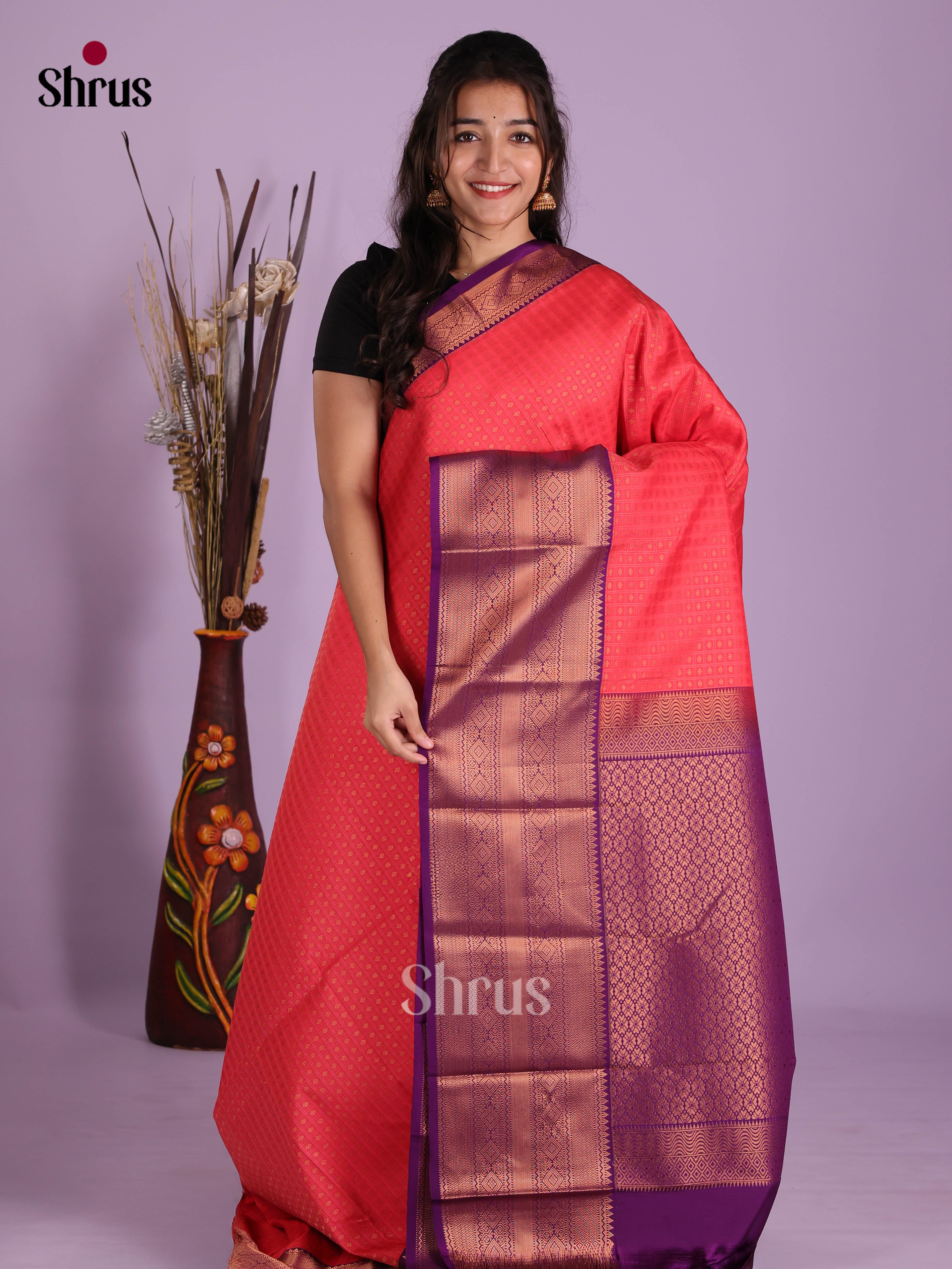 Orangish Pink & Violet- Semi Kanchipuram Saree