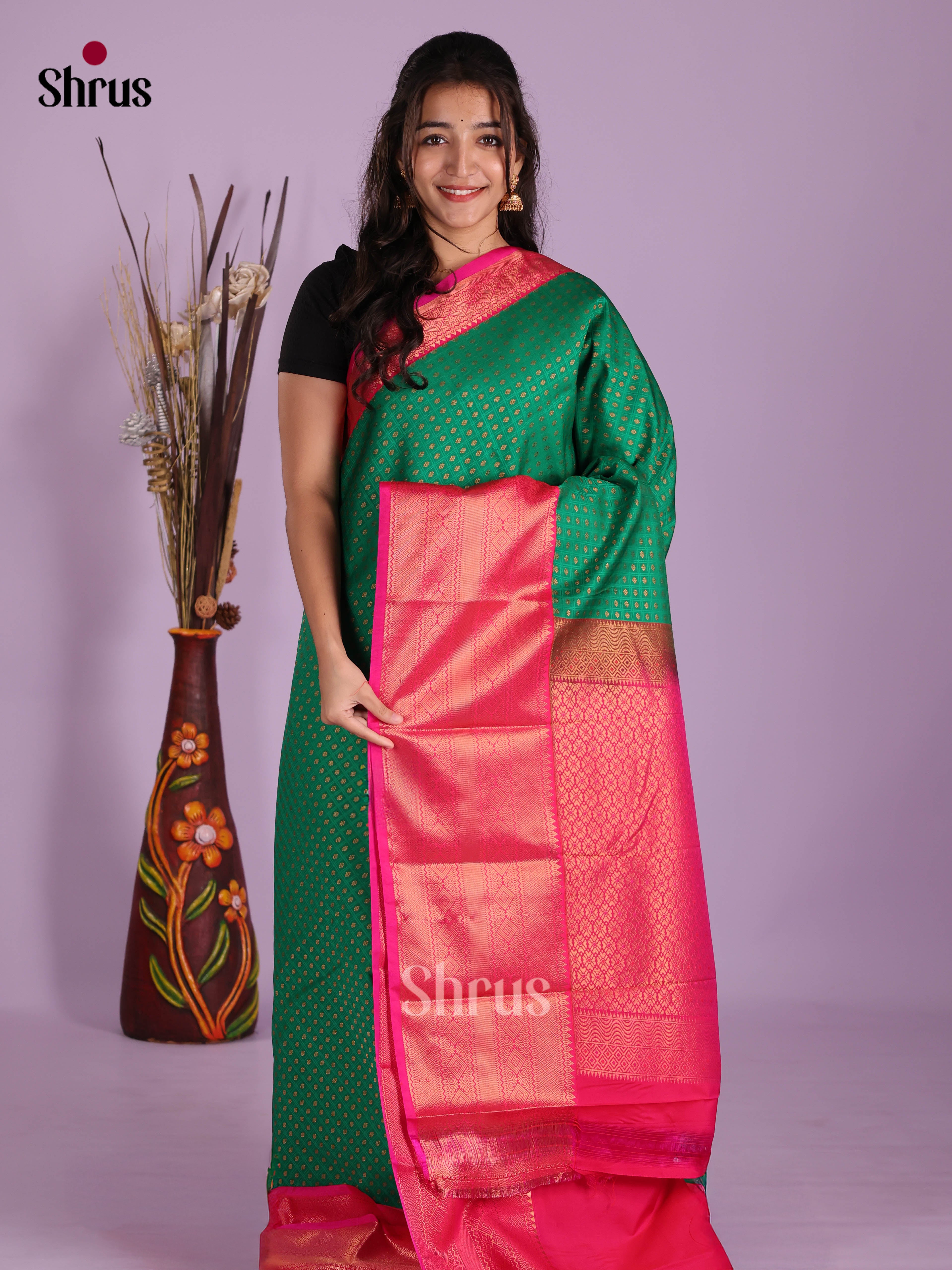 Green & Pink - Semi Kanchipuram Saree - Shop on Shrus.com