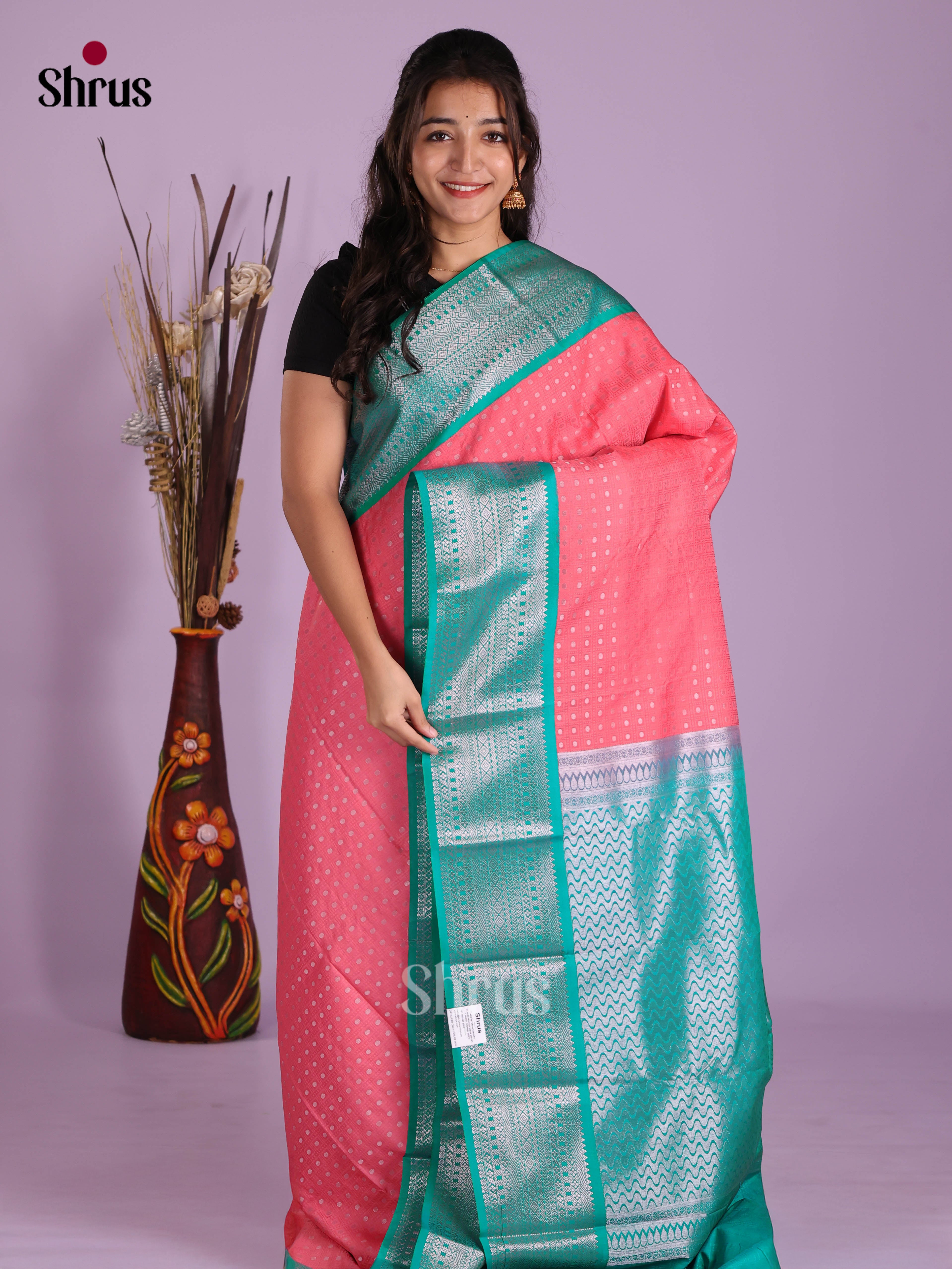 Pink & Teal - Semi Kanchipuram Saree - Shop on Shrus.com