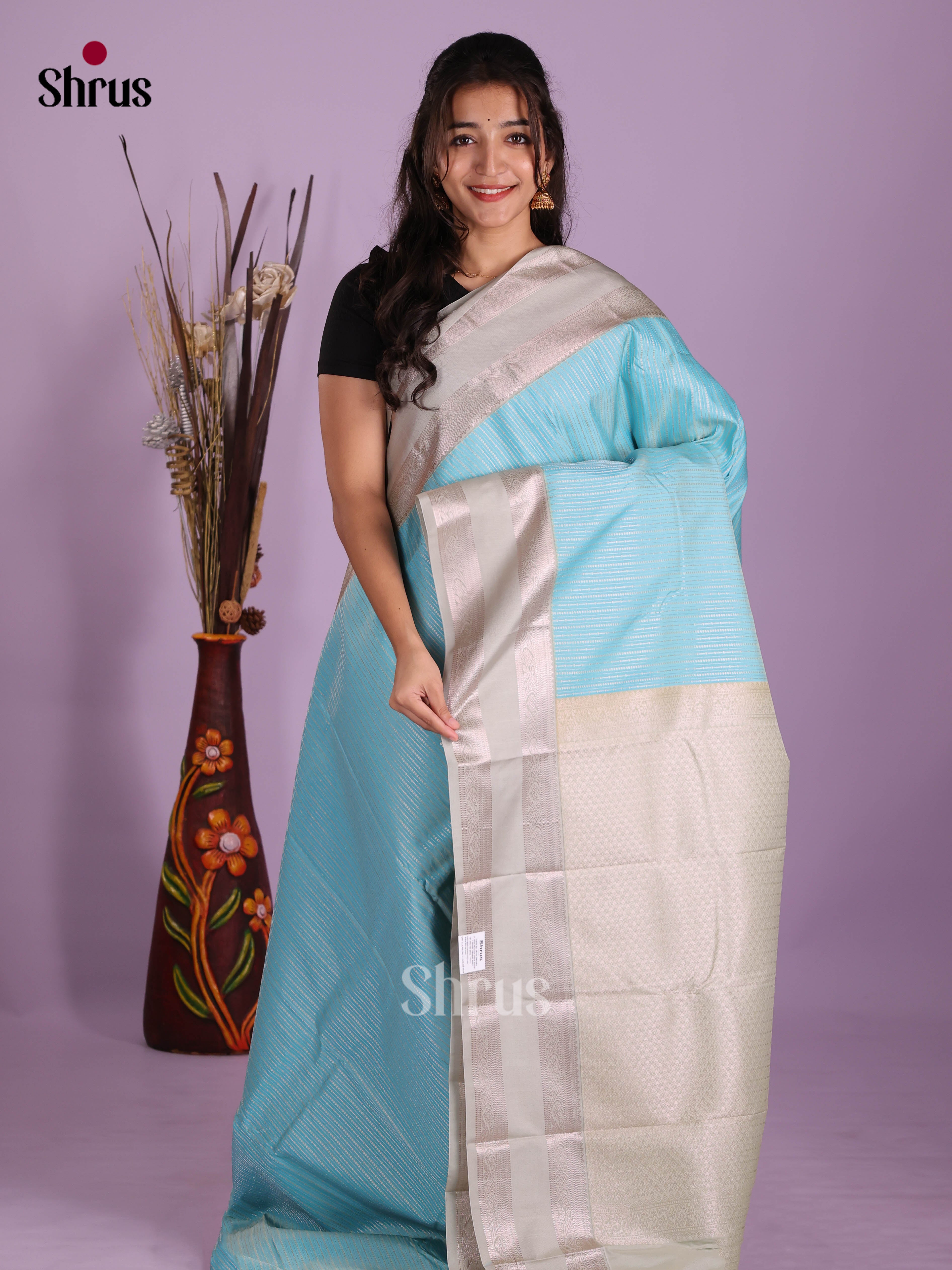 Aqua Blue  & Grey - Semi Kanchipuram Saree