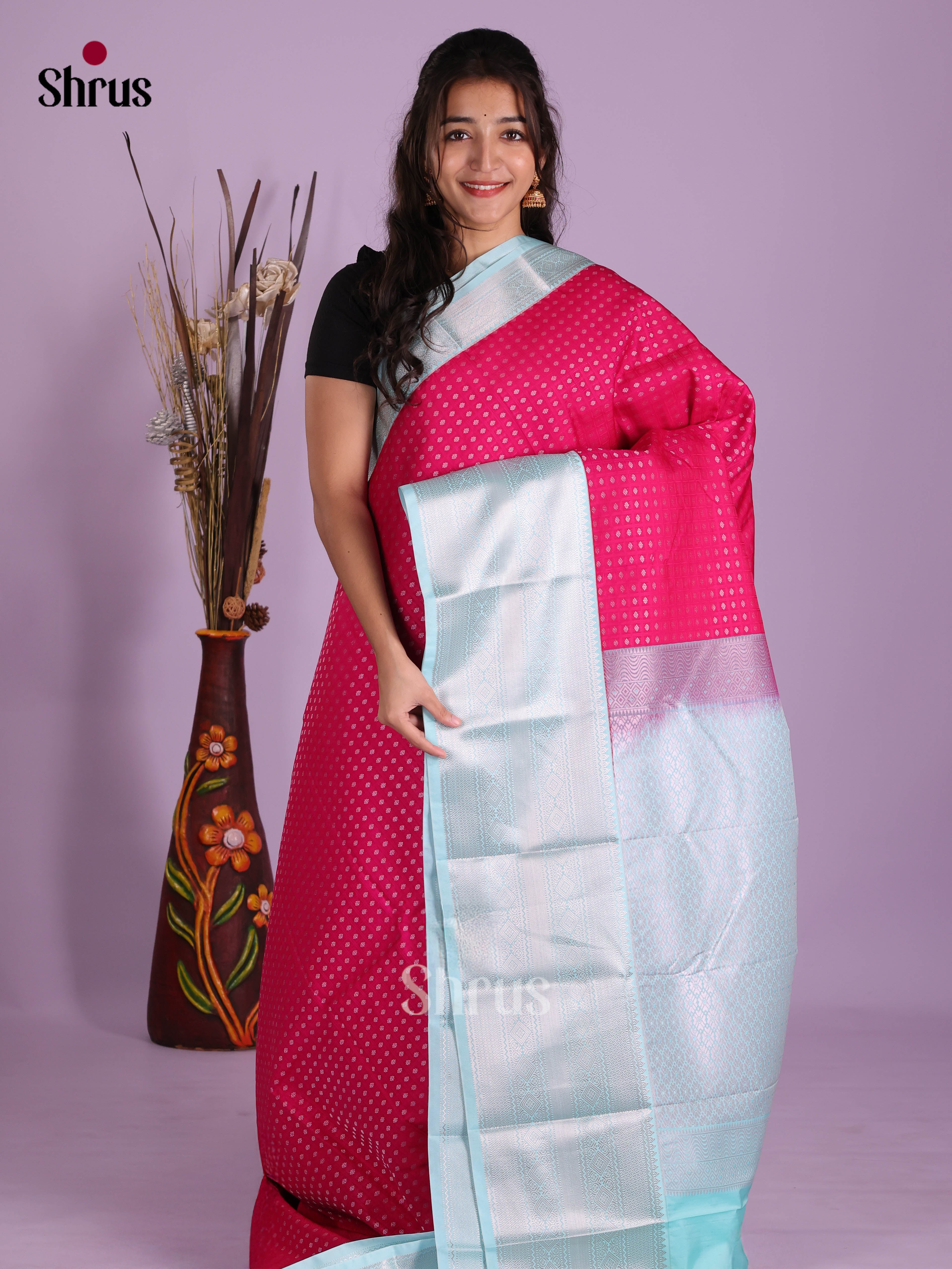 Pink & Light Blue- Semi Kanchipuram Saree - Shop on Shrus.com