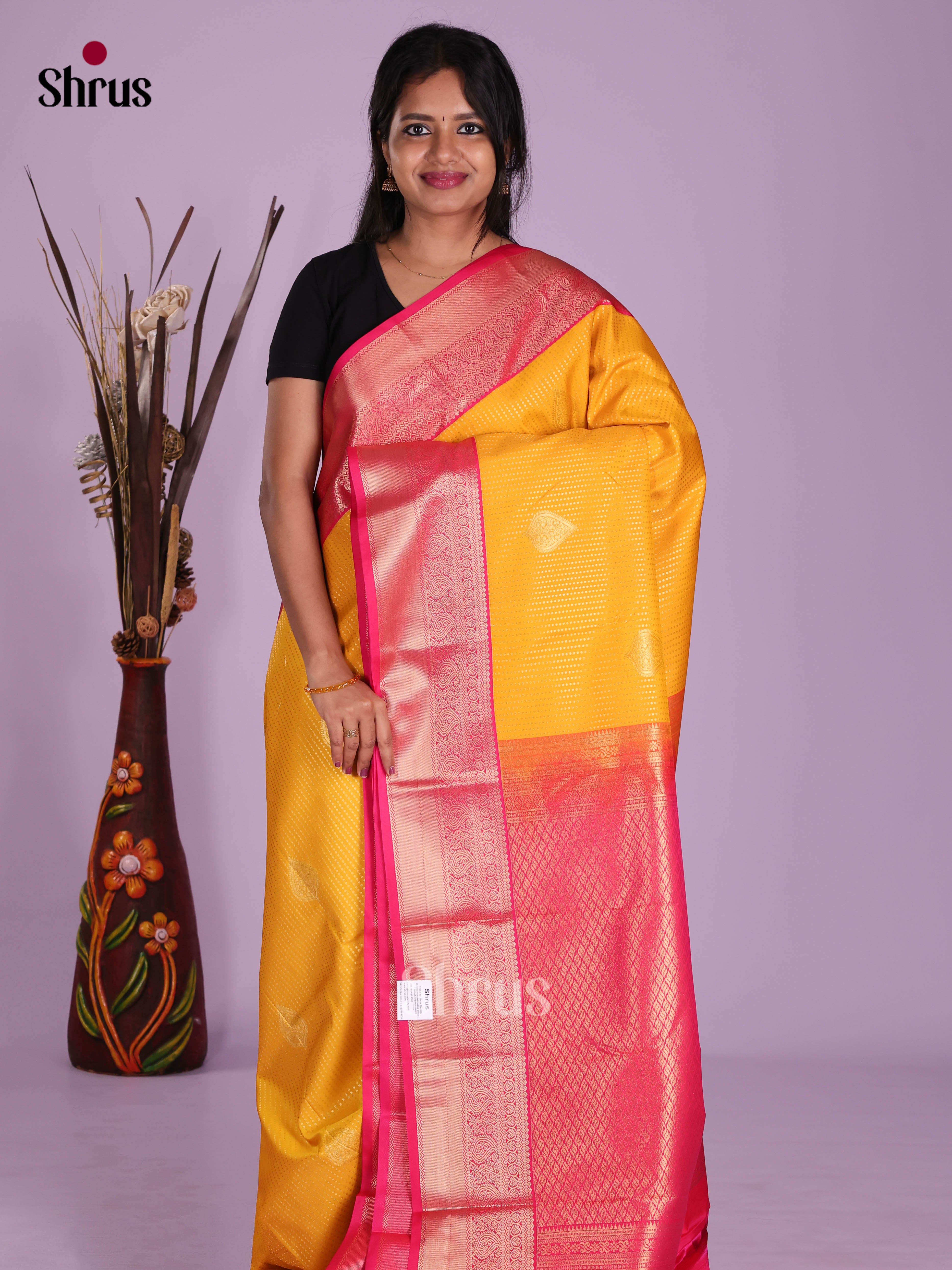 Yellow & Pink - Semi Kanchipuram Saree