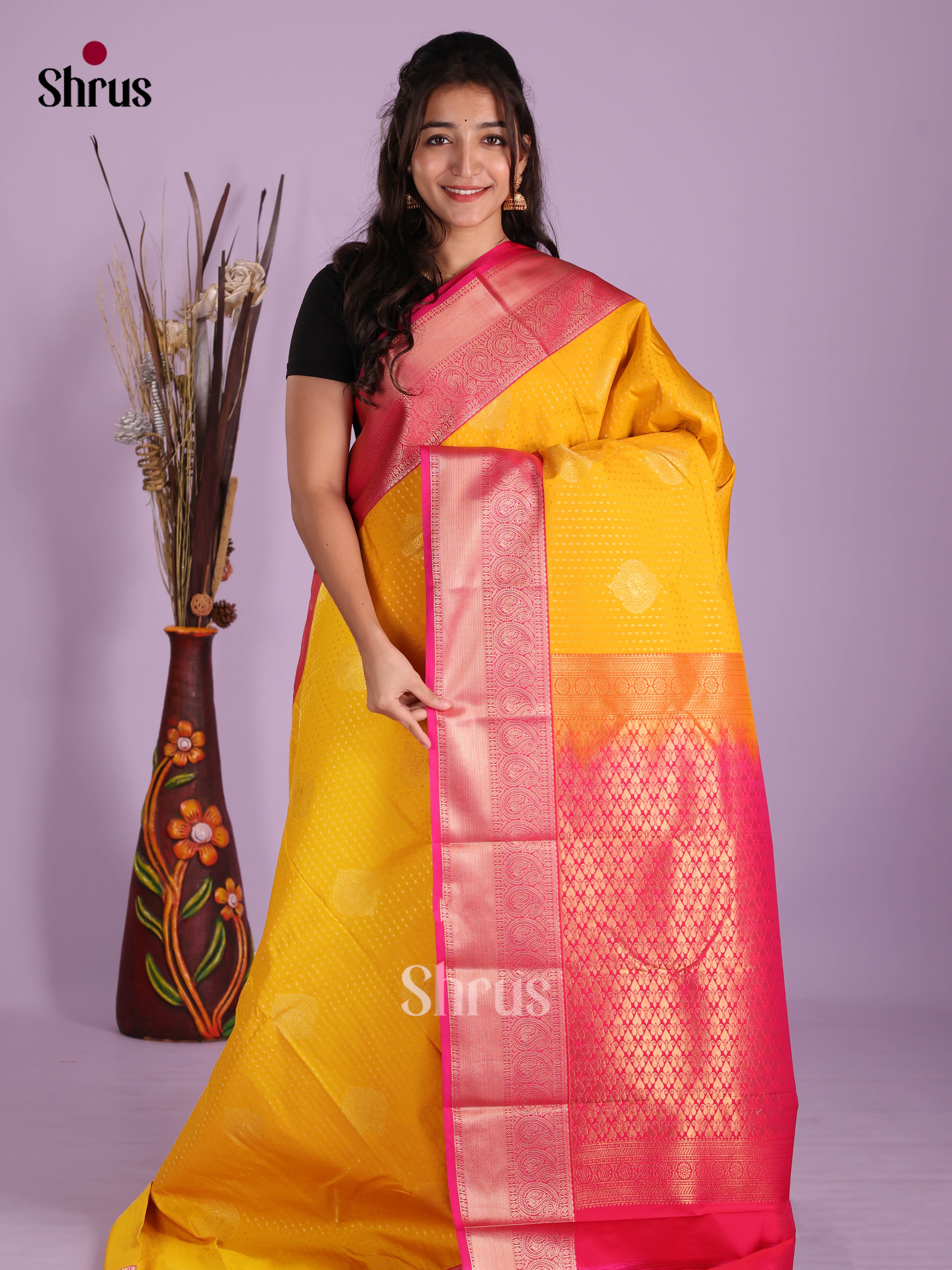 Yellow & Pink - Semi Kanchipuram Saree