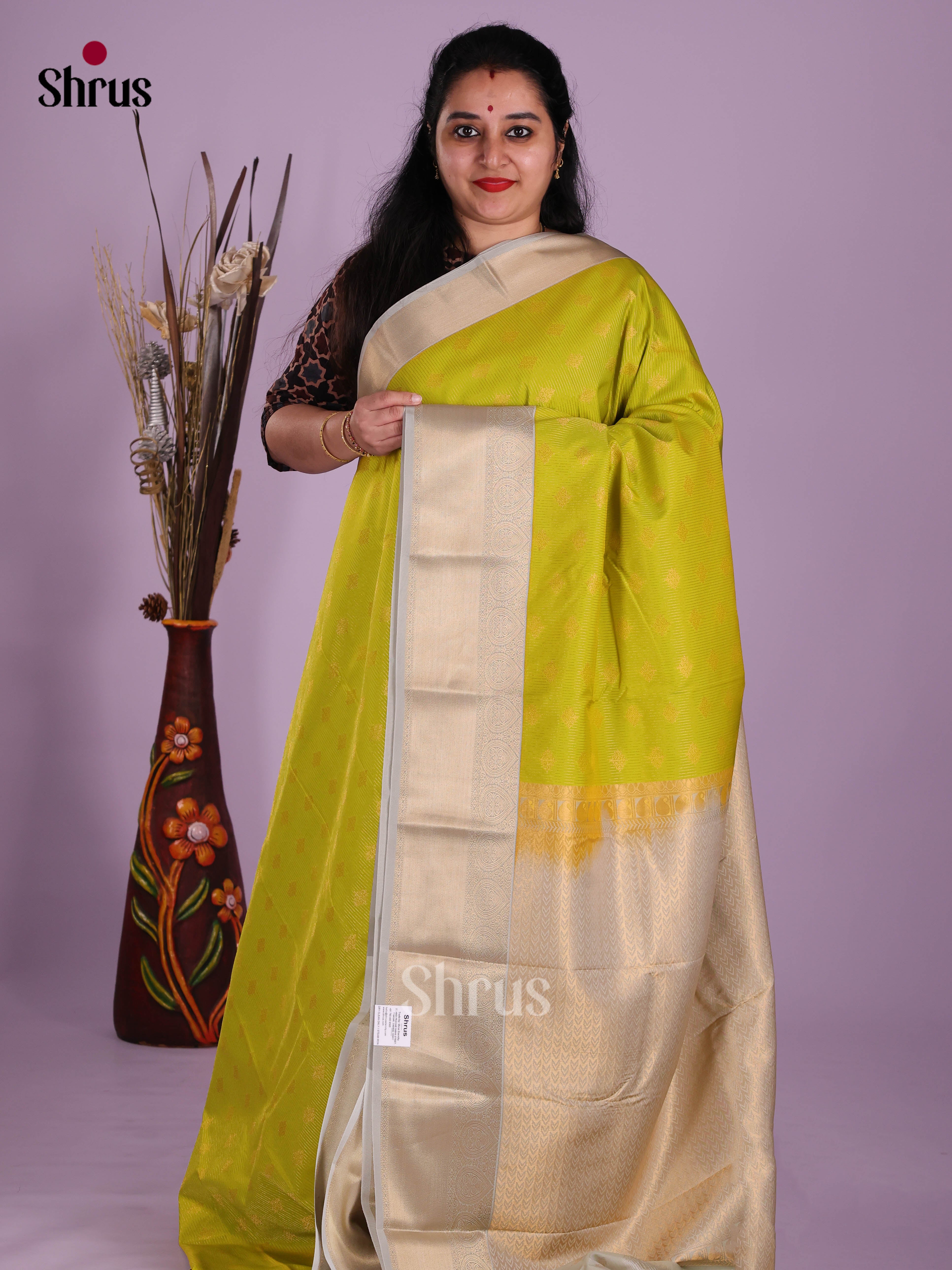 Light Green & Grey- Semi Kanchipuram Saree - Shop on Shrus.com