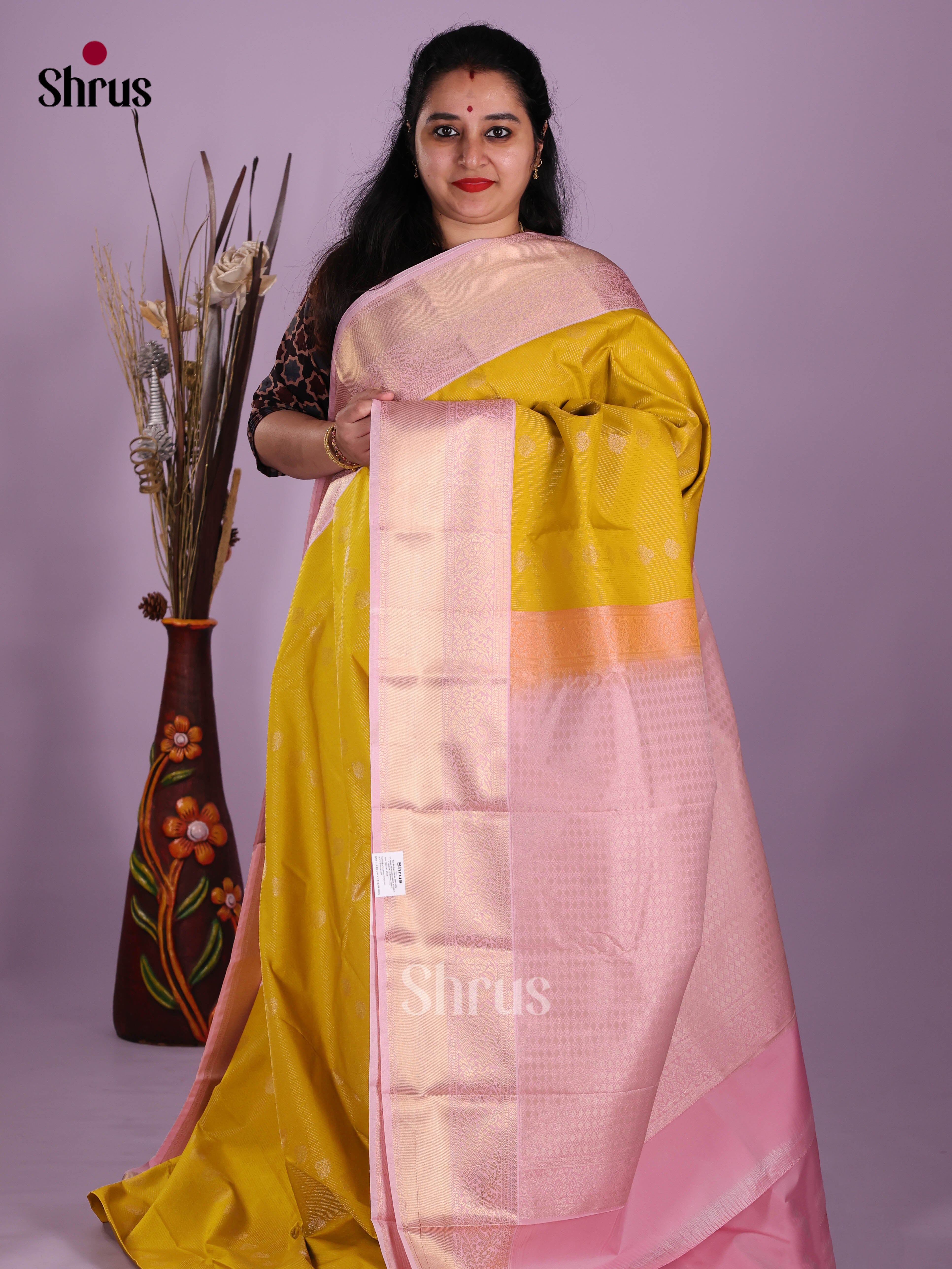 Mustardy Green & Lavender- Semi Kanchipuram Saree