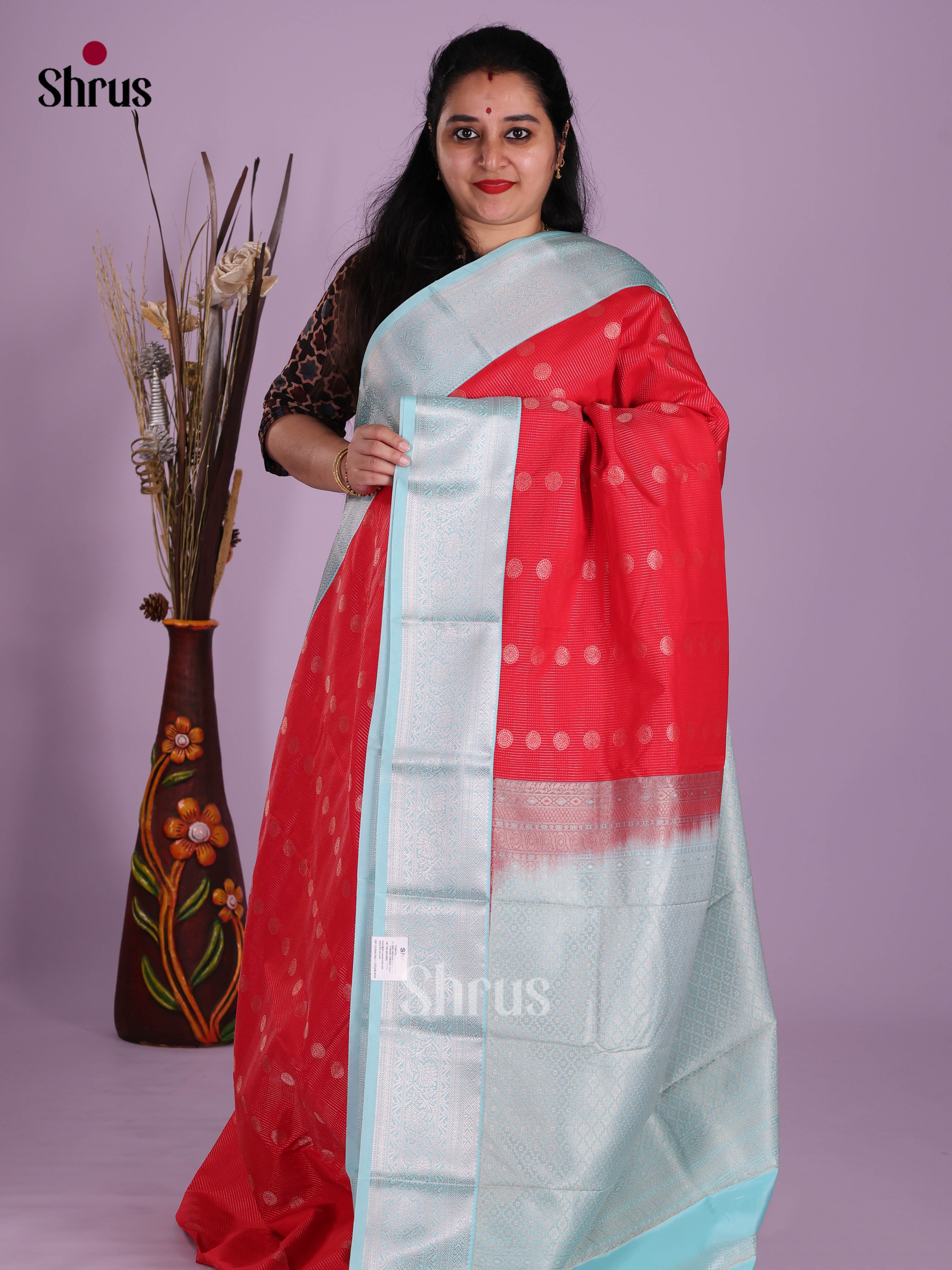 Red & Light Blue - Semi Kanchipuram Saree