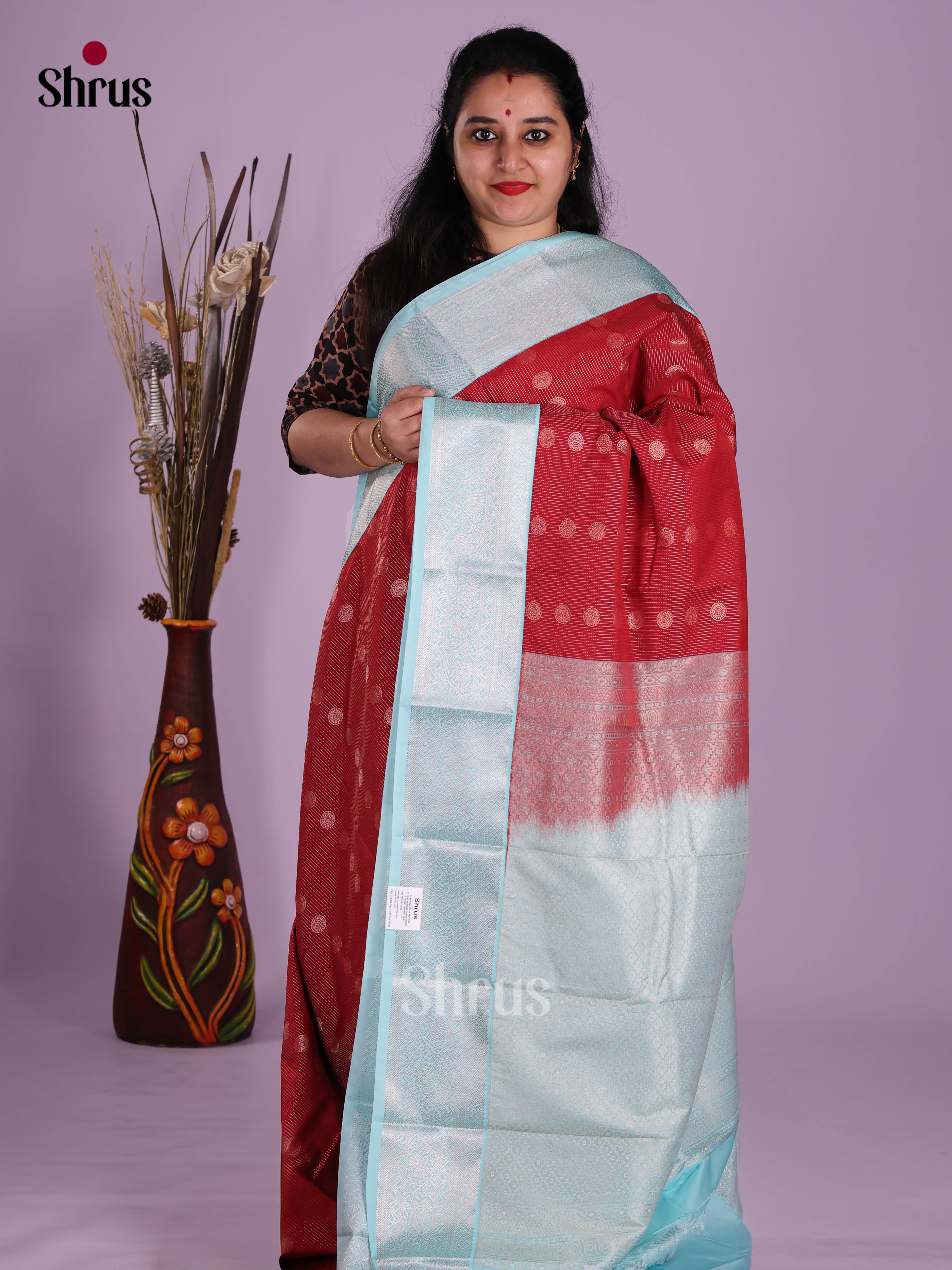 Red &  LighT Blue - Semi Kanchipuram Saree