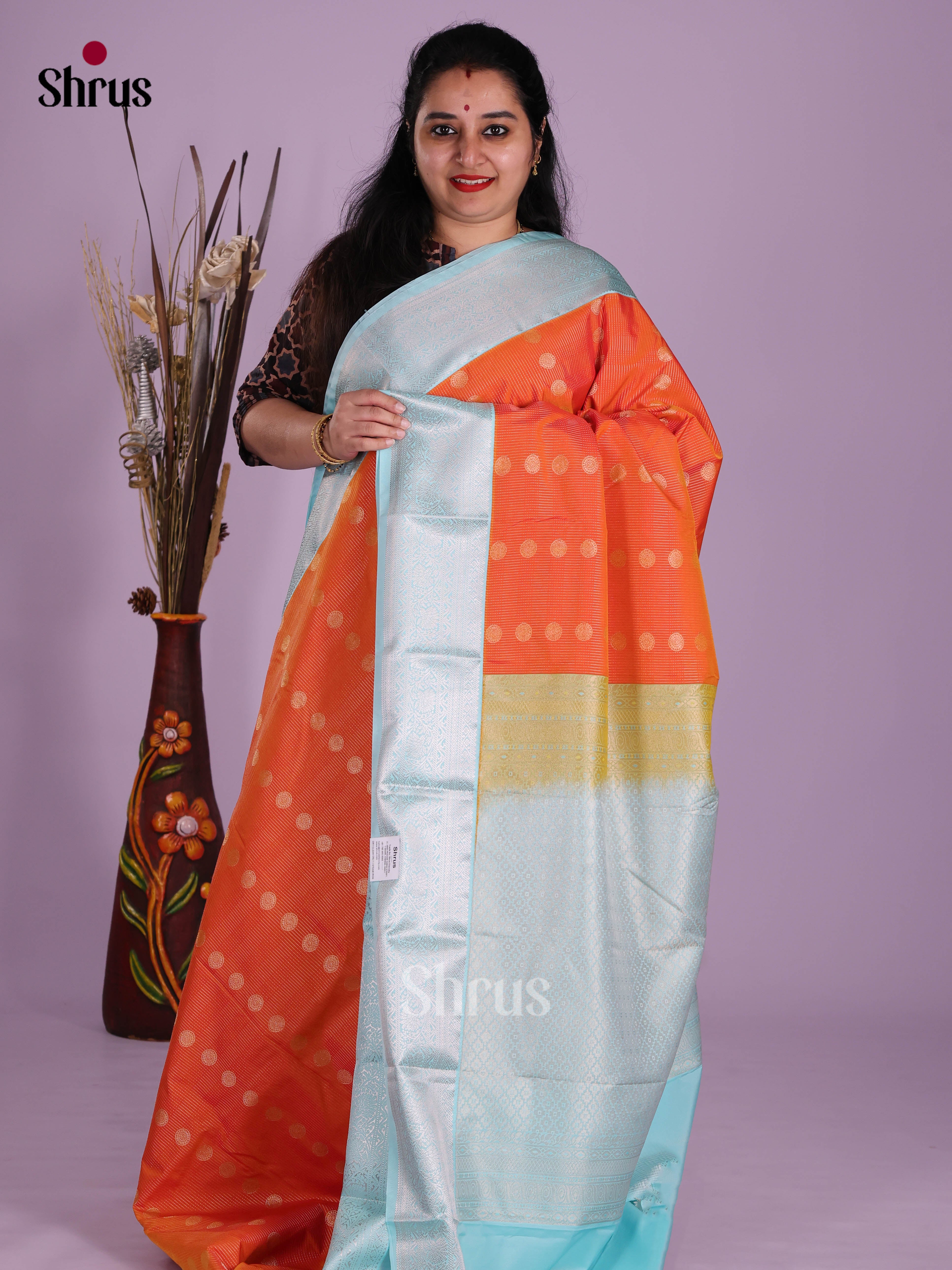 Orange & Light Blue- Semi Kanchipuram Saree