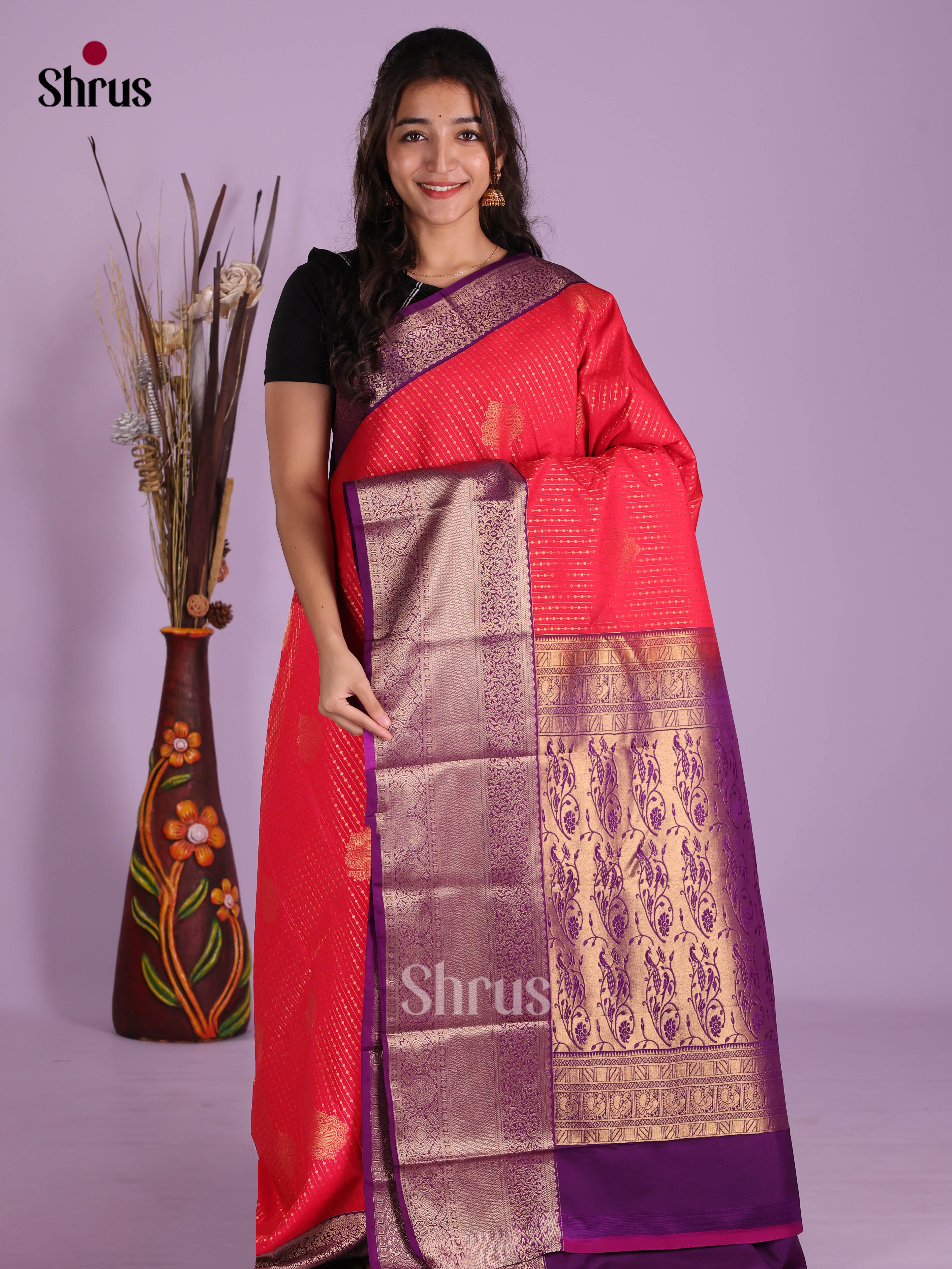 Orangish Pink & Violet - Semi Kanchipuram Saree