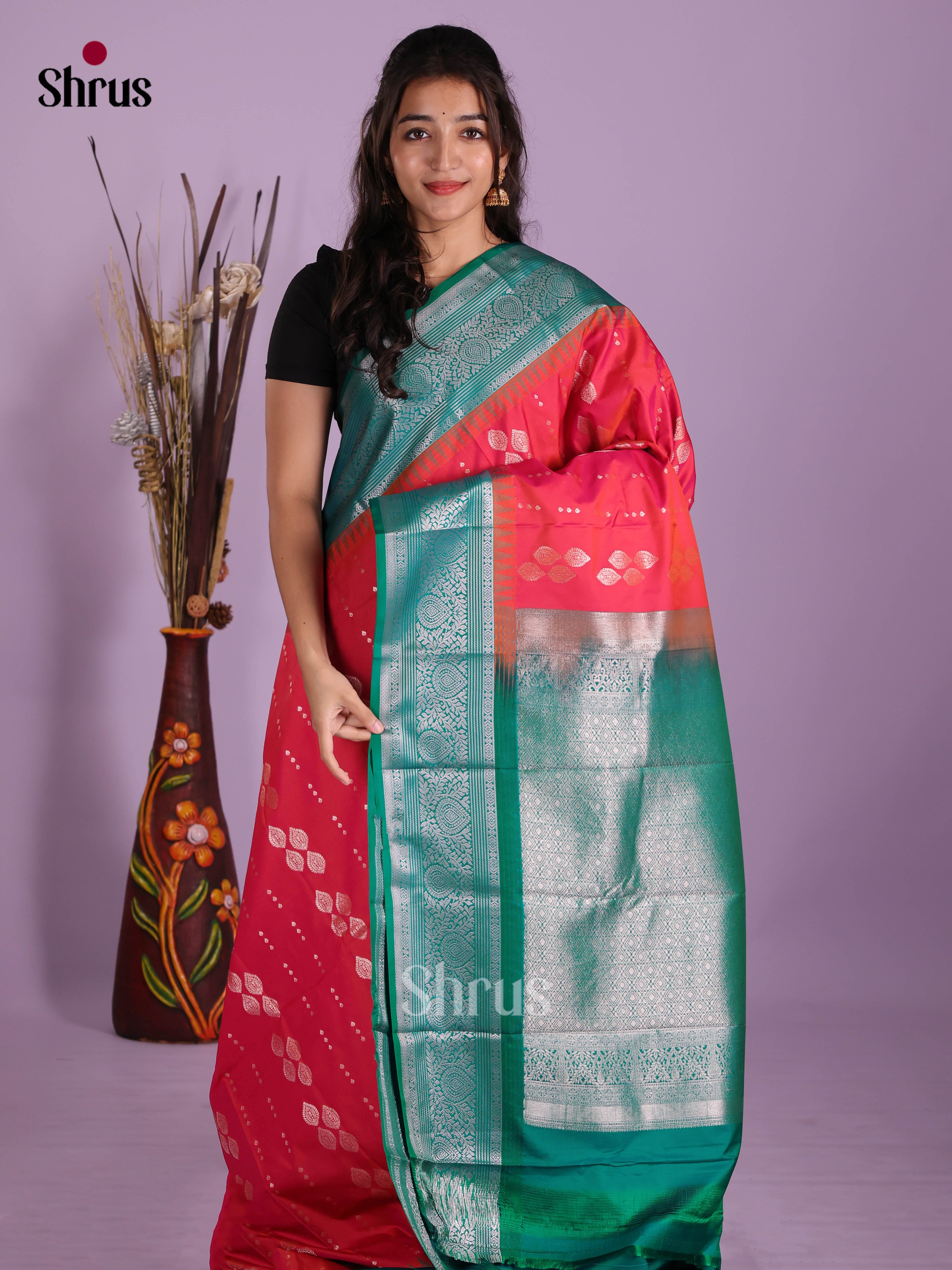 Orangish Pink & Green - Semi Kanchipuram Saree