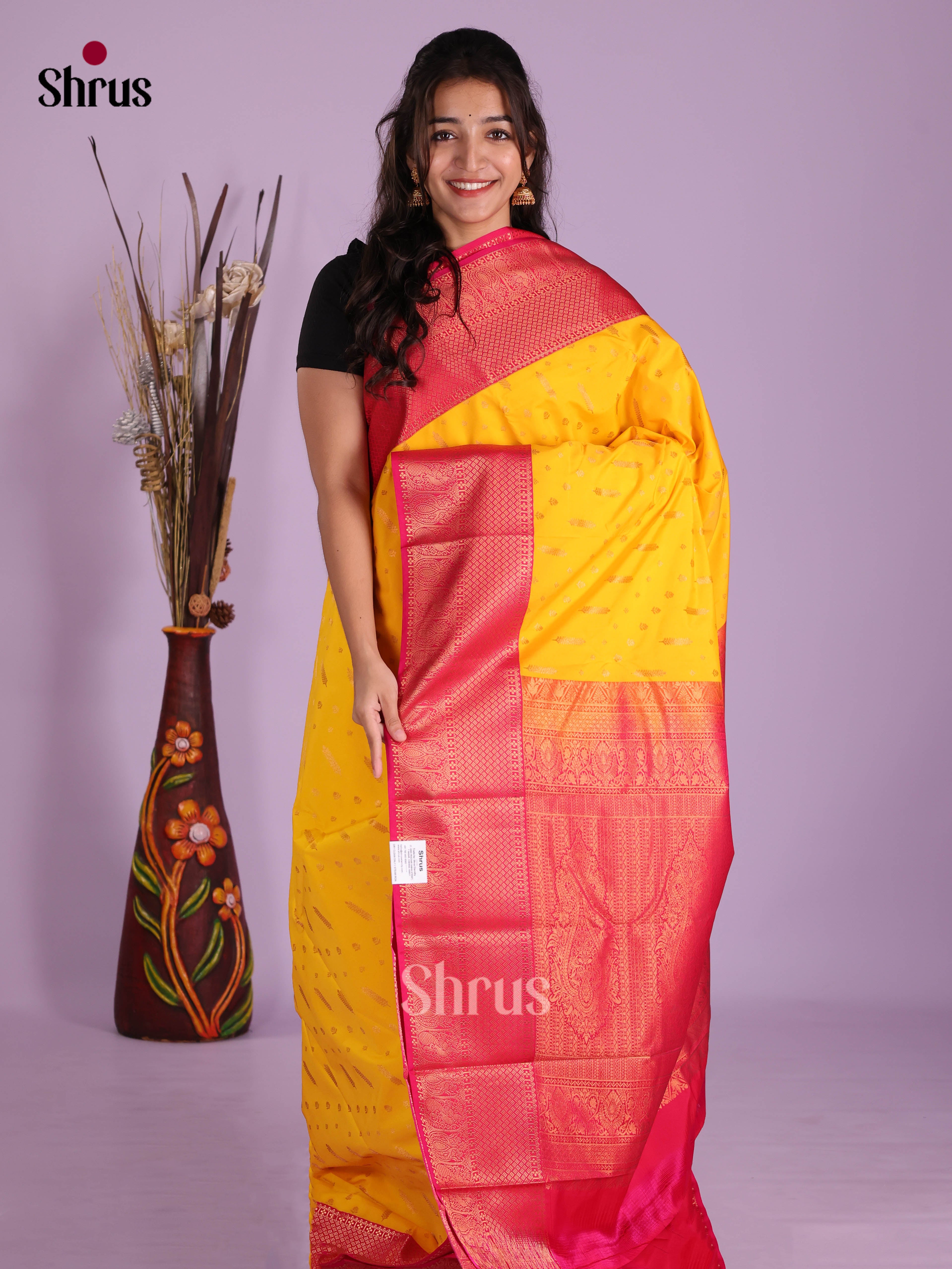 Yellow & Pink - Semi Kanchipuram Saree