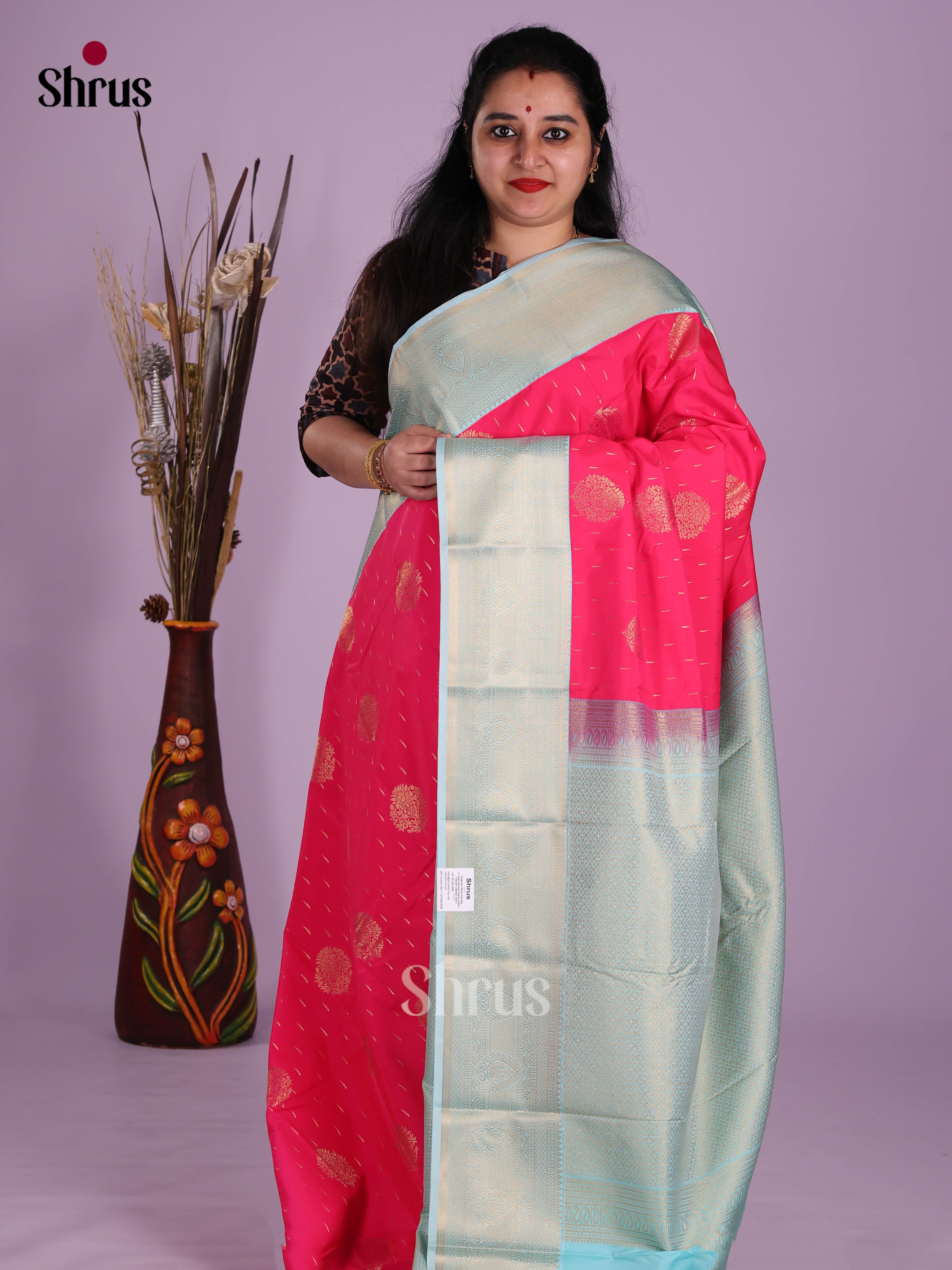 Pink & Light Blue - Semi Kanchipuram Saree