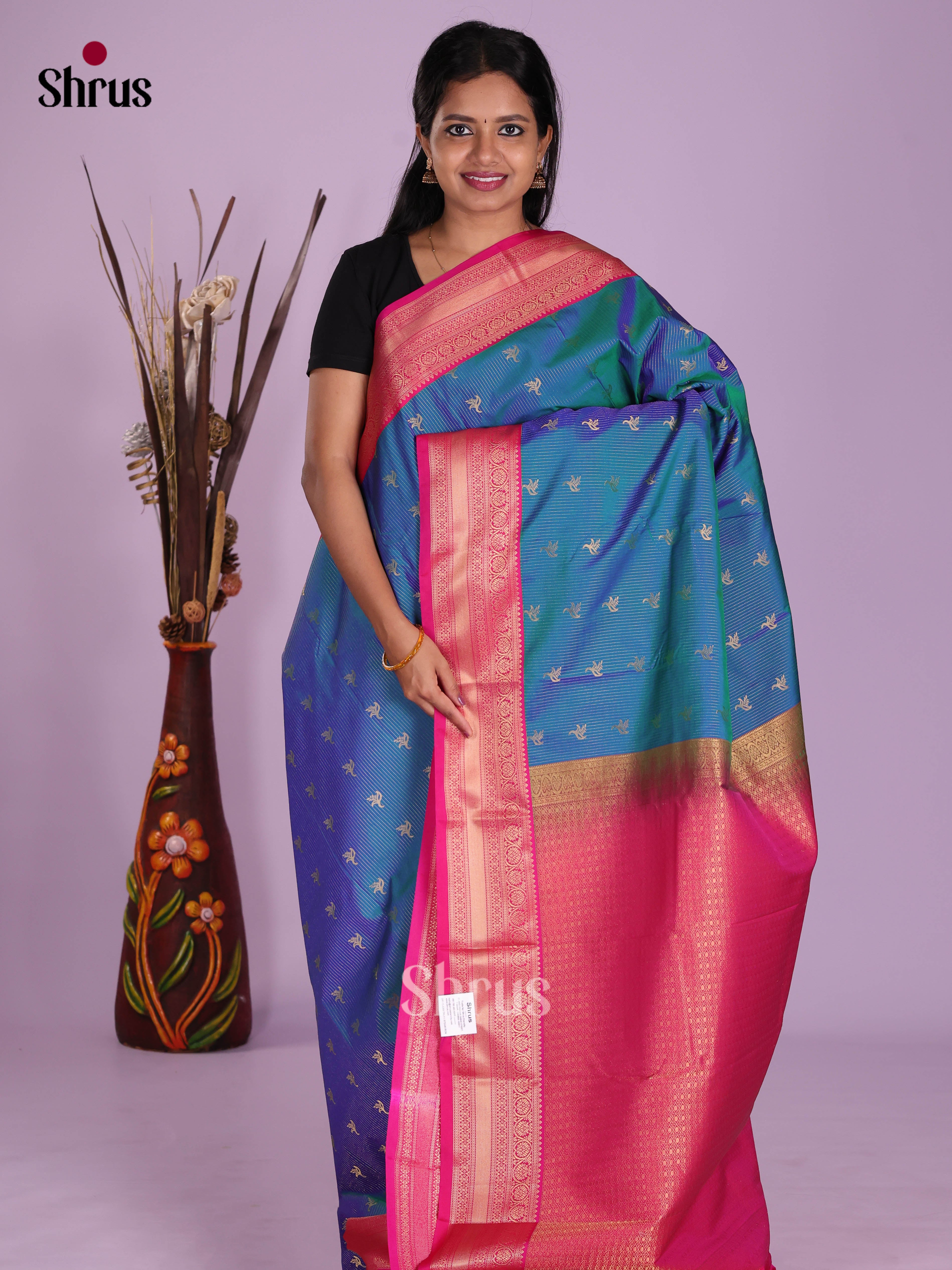 Blue & Pink - Semi Kanchipuram Saree