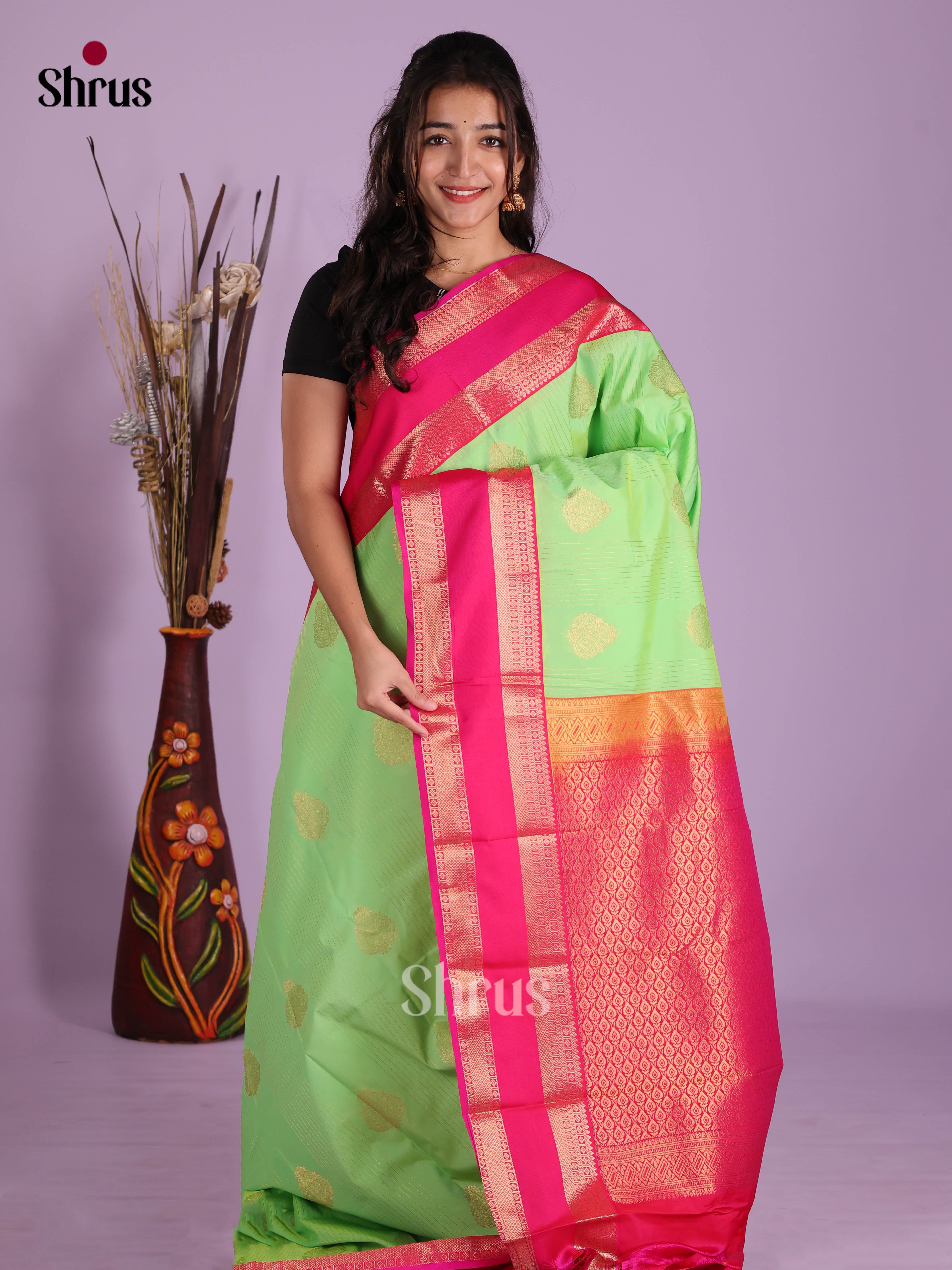 Pista Green & Pink - Semi Kanchipuram Saree - Shop on Shrus.com