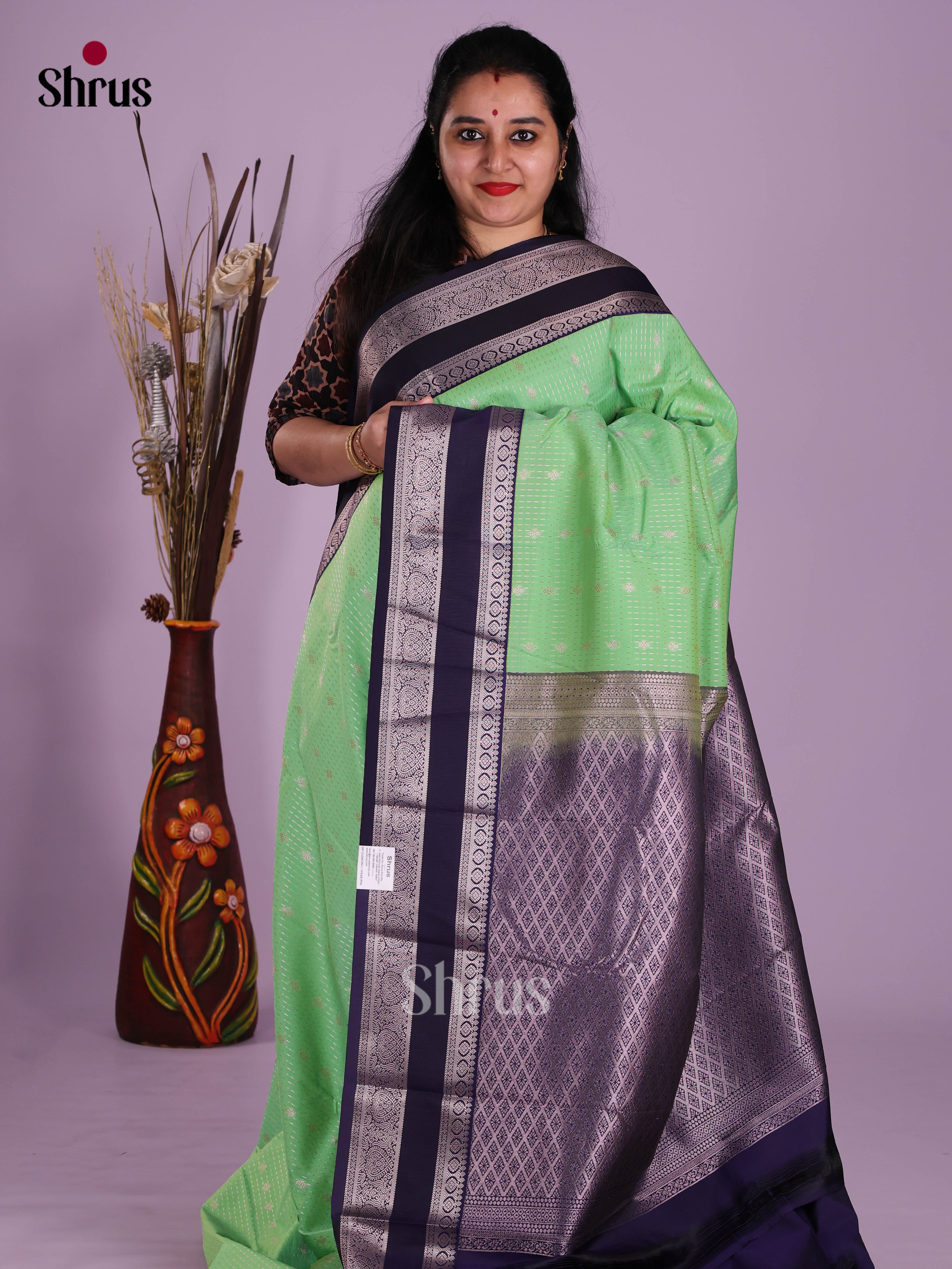 Pista Green & Blue - Semi Kanchipuram Saree