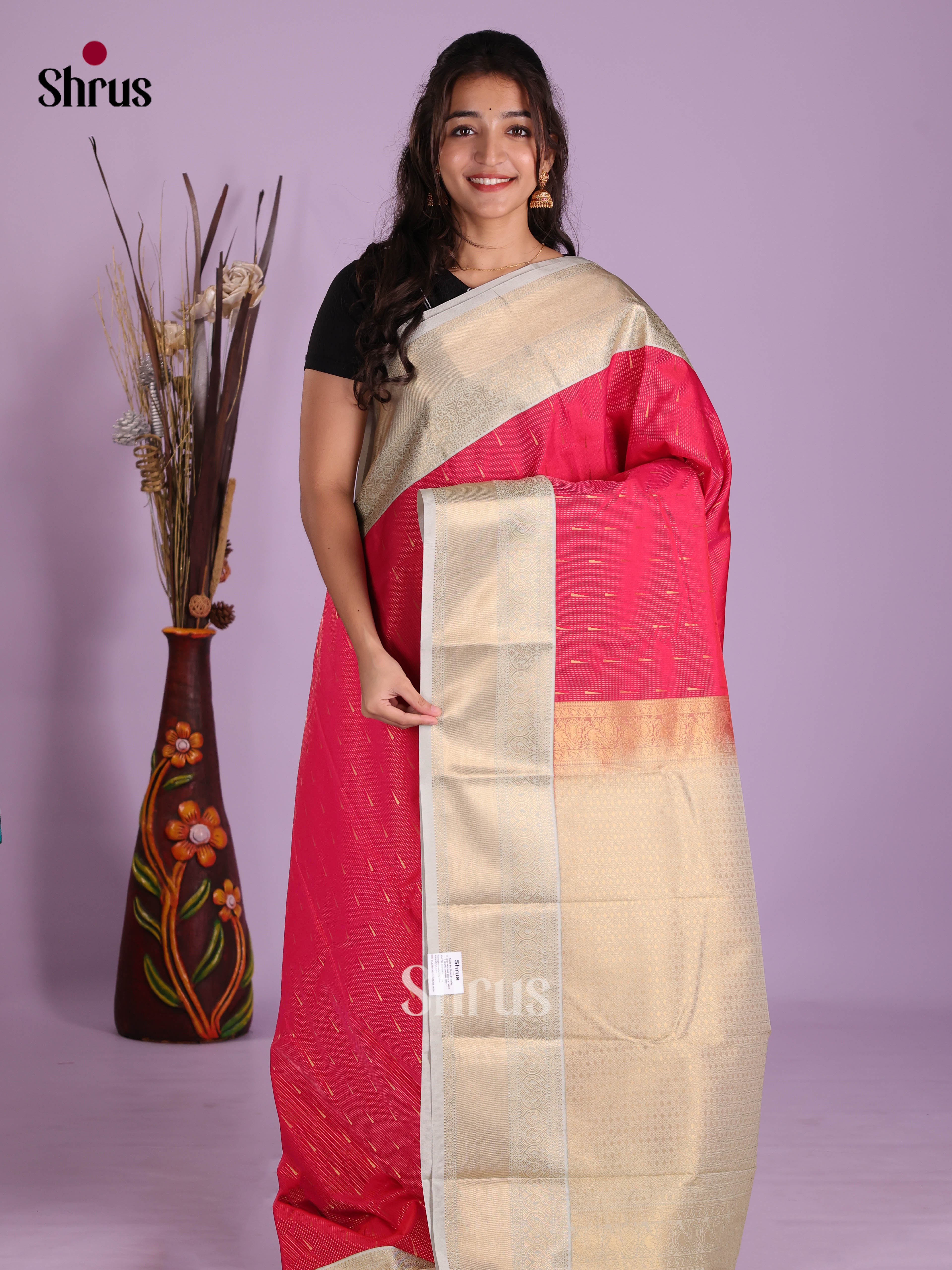 Pink & Cream - Semi Kanchipuram Saree - Shop on Shrus.com