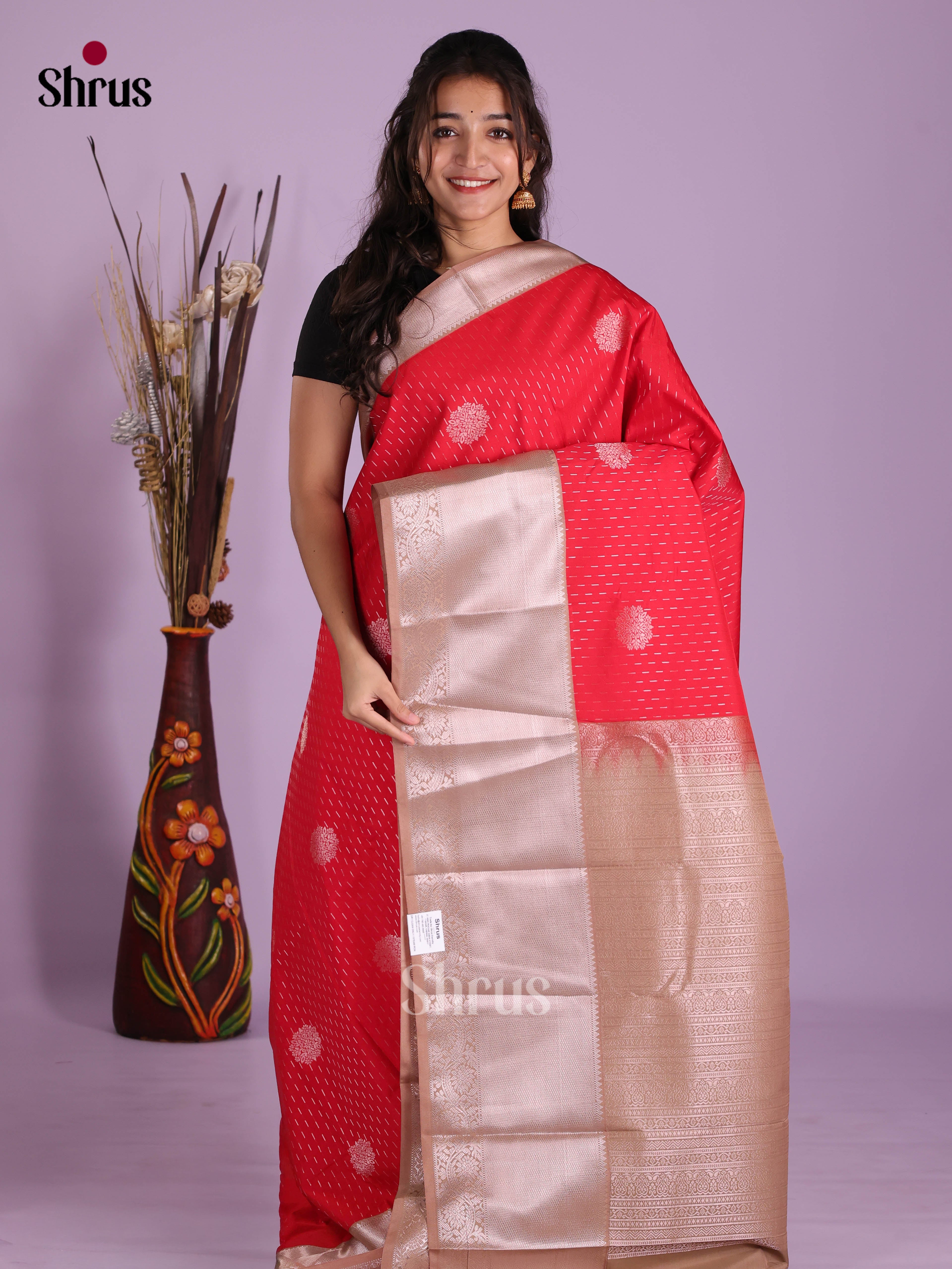 Red & Brown - Semi Kanchipuram Saree - Shop on Shrus.com