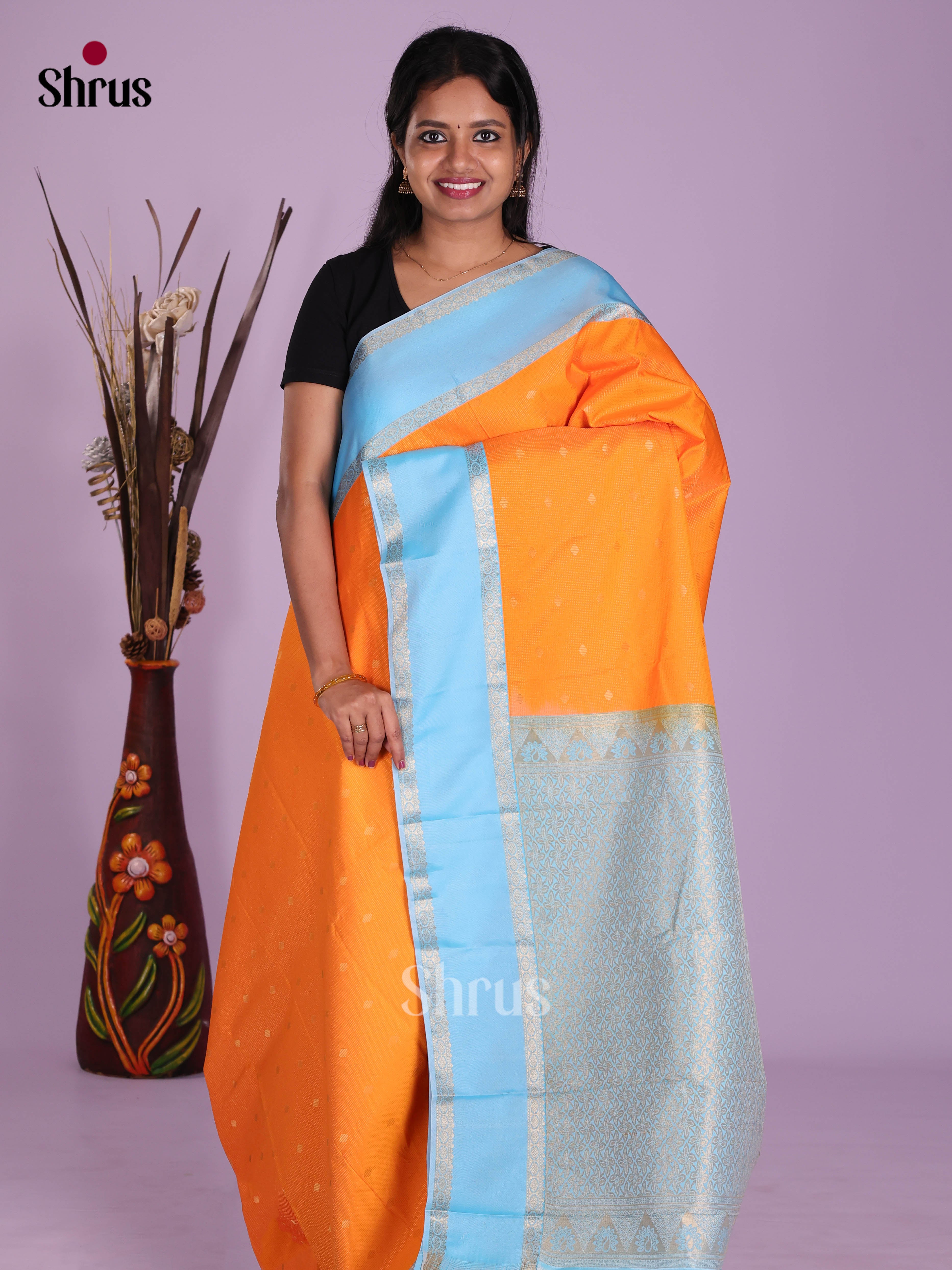 Orange & Blue - Semi Kanchipuram Saree