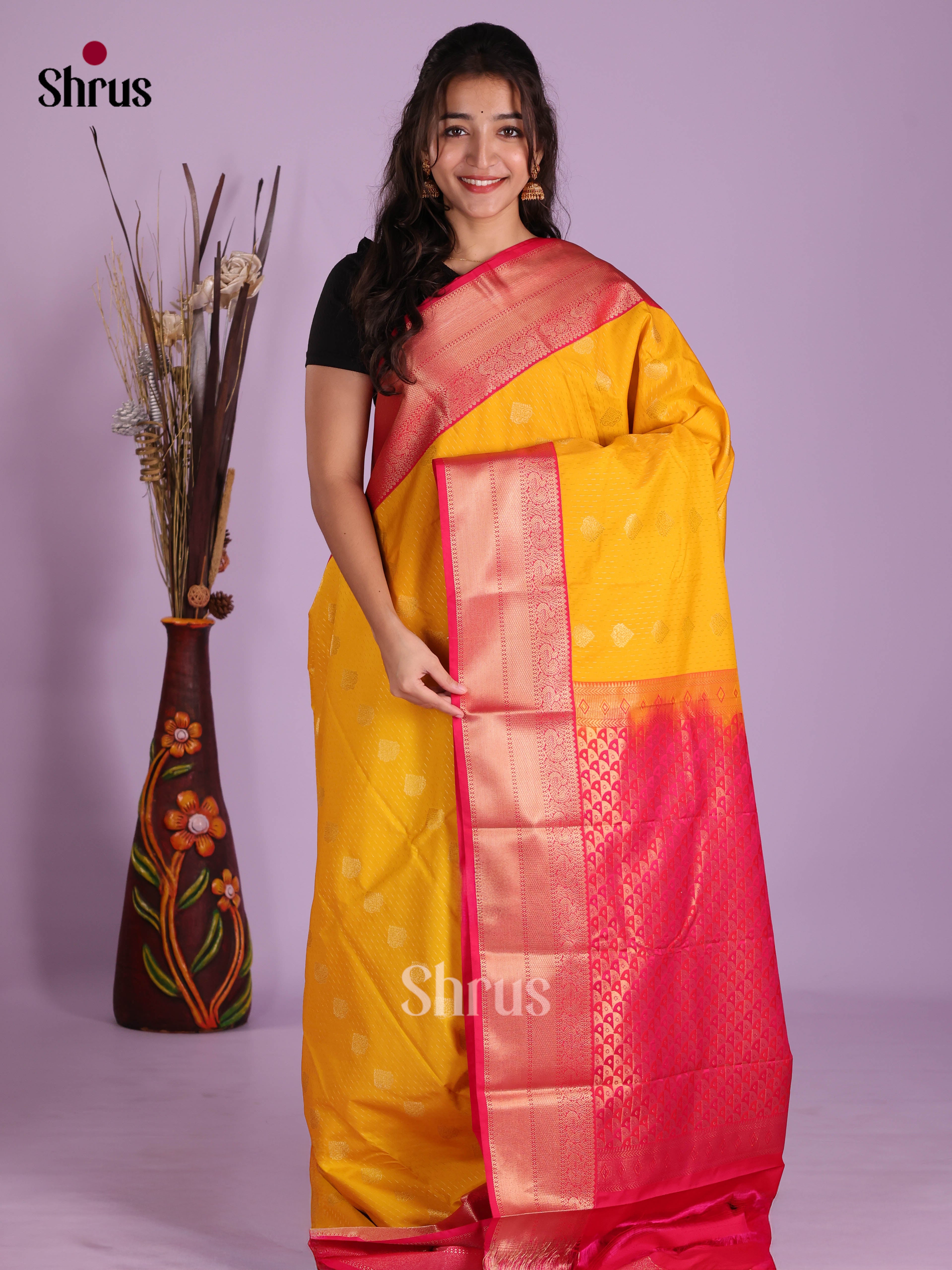 Yellow & Pink - Semi Kanchipuram Saree